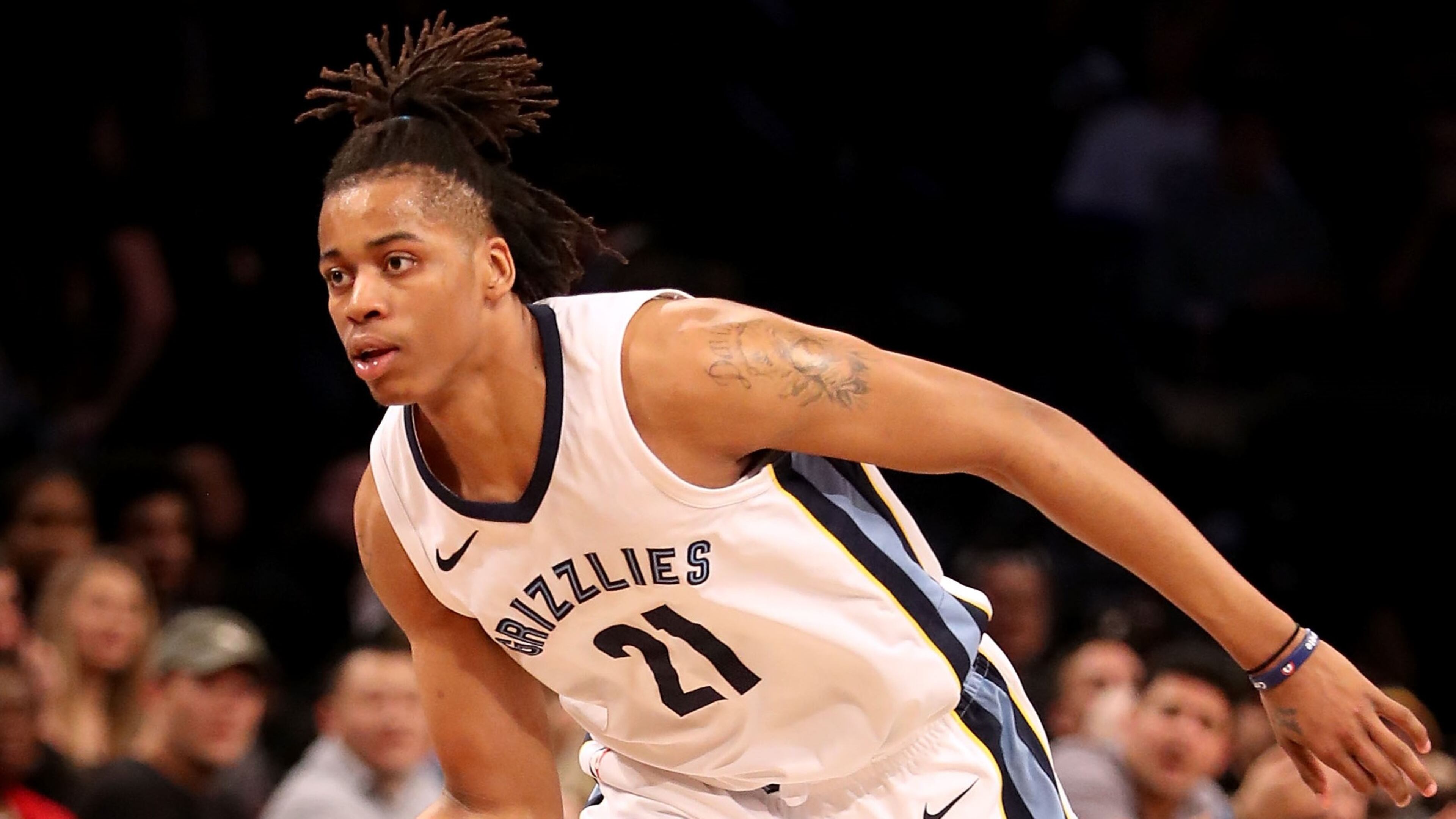 Deyonta Davis of the Memphis Grizzlies dribbles down the court in the first quarter against the Brooklyn Nets during their game at Barclays Center on March 19, 2018 in the Brooklyn borough of New York City.