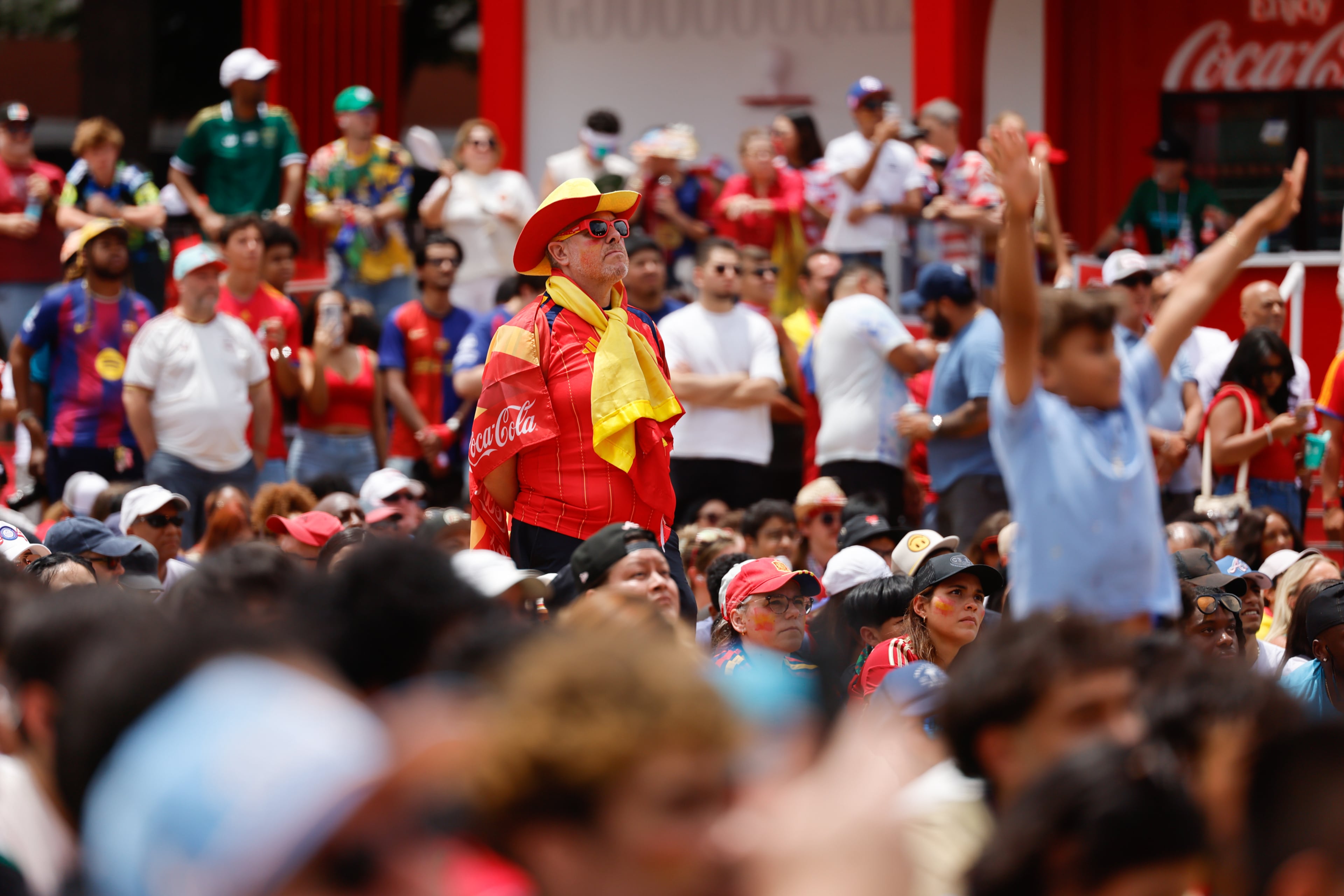 A Spain fan stands among the crowd at FIFA Fan Festival in Centennial Olympic Park during the Spain and Cape Verde match at the 2026 FIFA World Cup in Atlanta on June 15, 2026. It’s the first of eight World Cup matches to take place in Atlanta. The match was a 0-0 draw. (Arvin Temkar/AJC)