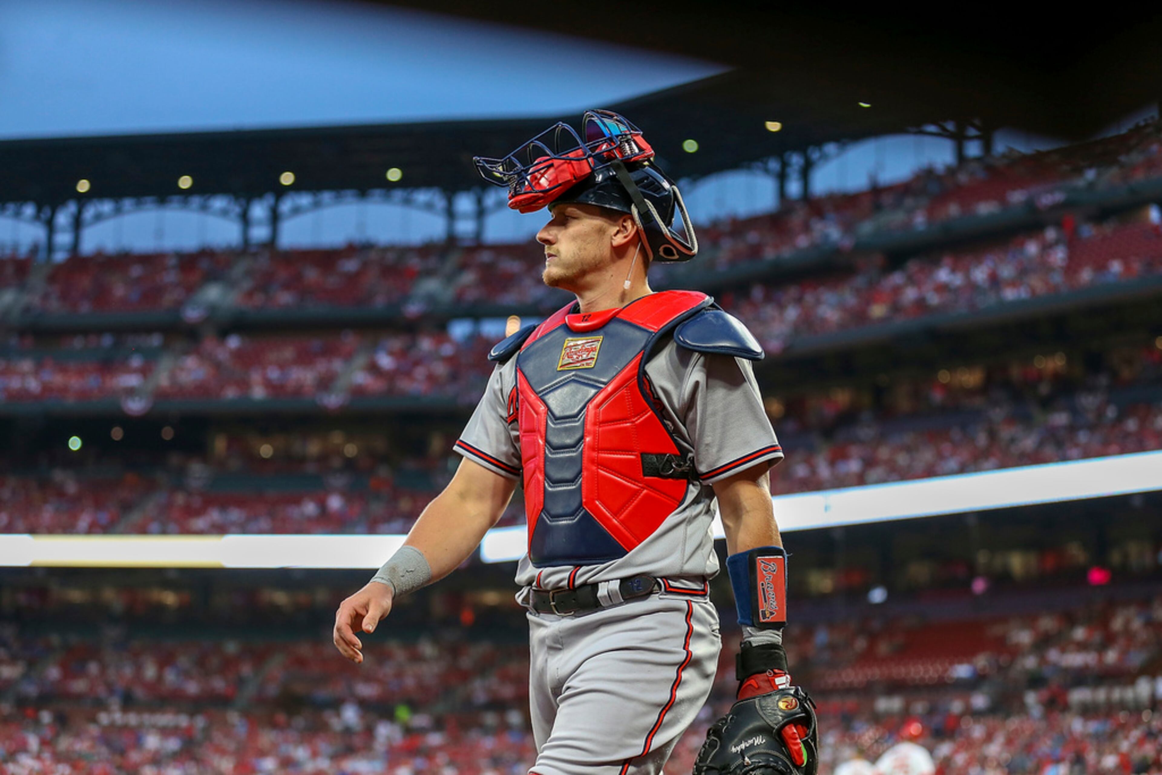Atlanta Braves catcher Sean Murphy returns to the dugout after the second inning against the St. Louis Cardinals in a baseball game Tuesday, April 4, 2023, in St. Louis. (AP Photo/Scott Kane)