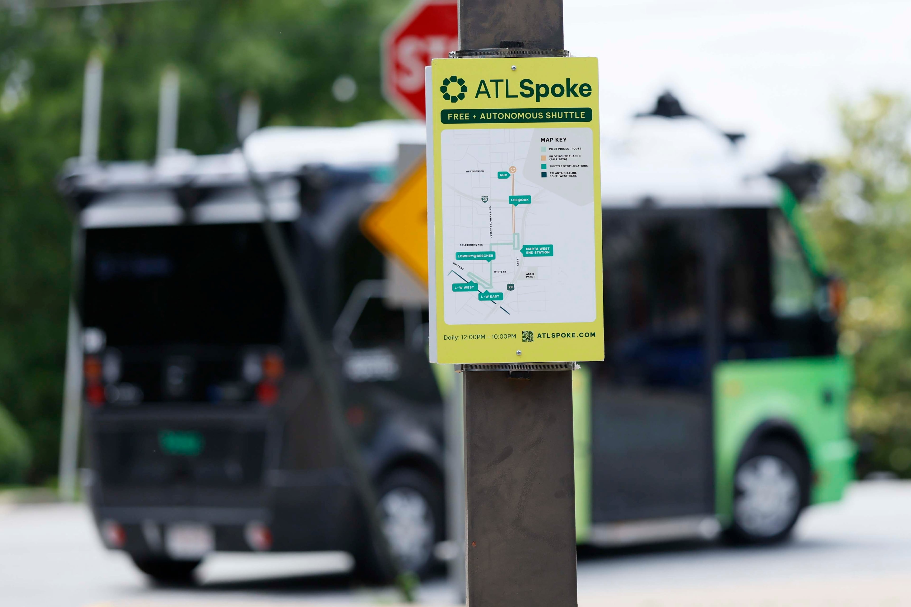 A map showing the pilot program route of the ATL Spoke bus is seen at the West End MARTA Station as one of the buses departs on Monday, June 1, 2026. The ATL Spoke autonomous pilot program’s first route connects the Beltline Southwest Trail with MARTA Rail. There are stops at MARTA West End Station, Joseph E. Lowery Blvd at Beecher Street, and two stops within the Lee + White district. (Miguel Martinez/AJC)