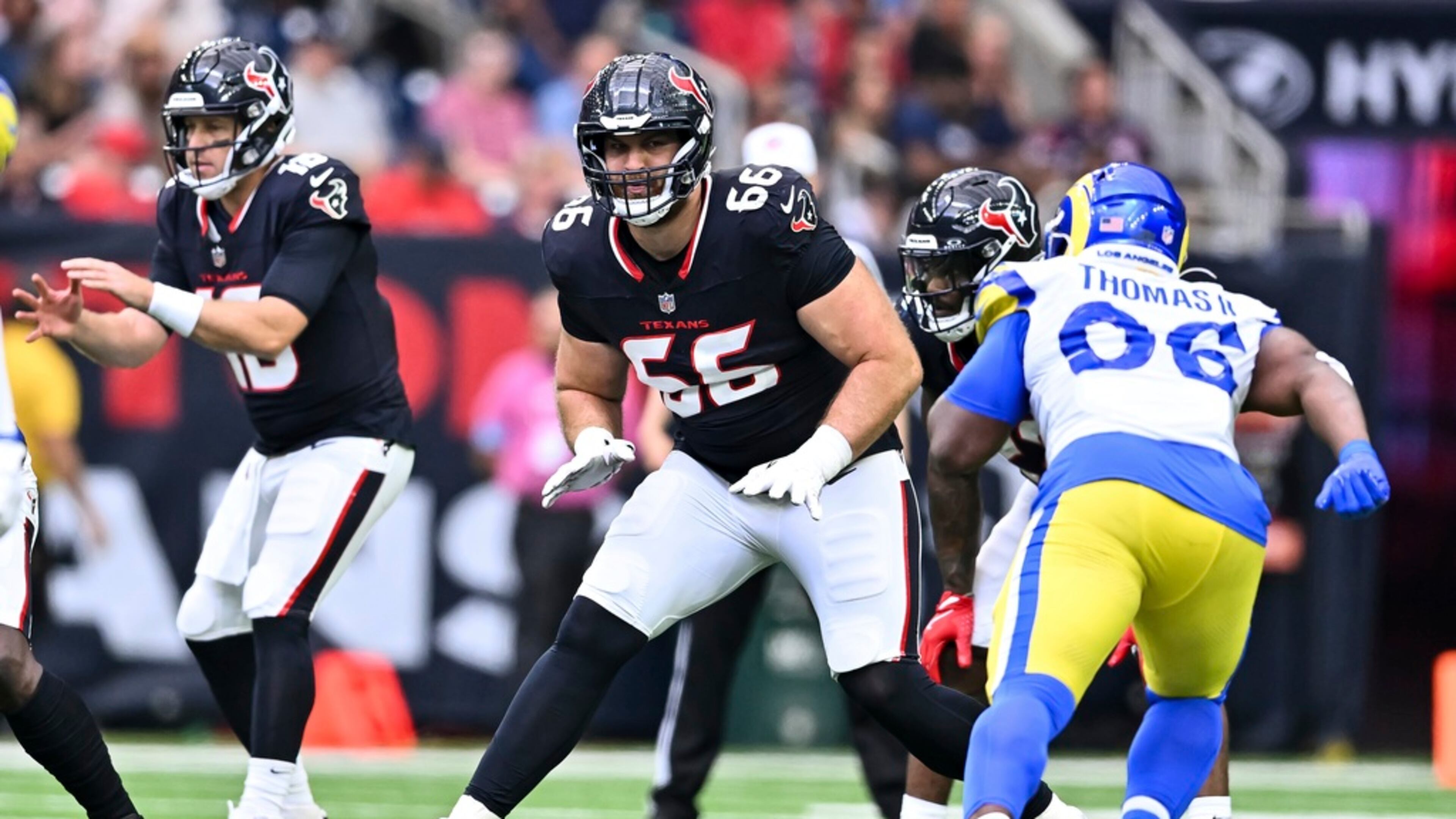Houston Texans offensive tackle Kilian Zierer (66) lines up against the Los Angeles Rams during the first quarter of an NFL football game, Saturday, Aug 24, 2024, in Houston. (AP Photo/Maria Lysaker)