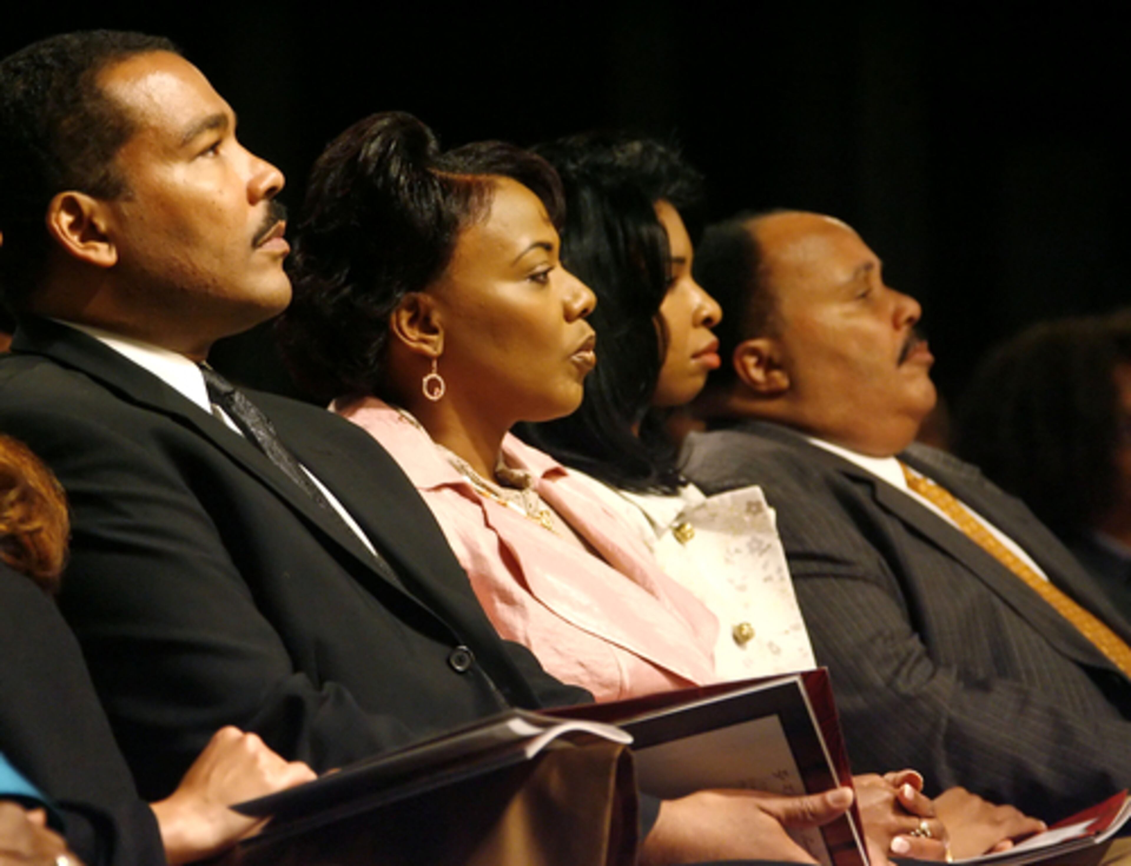 King's bride, Arndrea Waters (second from right), sits next to him during the memorial service for his sister Yolanda King. Also present, King's siblings Dexter (far left) and Bernice.