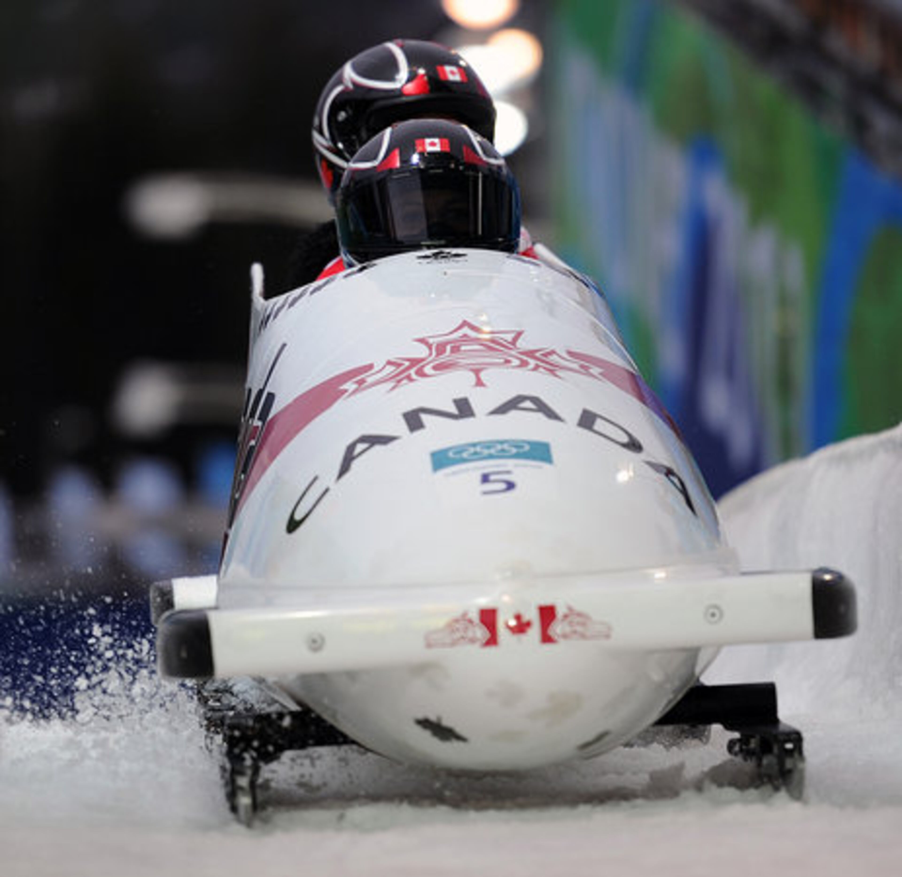 Canada's Helen Upperton (front) and Shelly-Ann Brown compete in the women's Two-Man Bobsled.