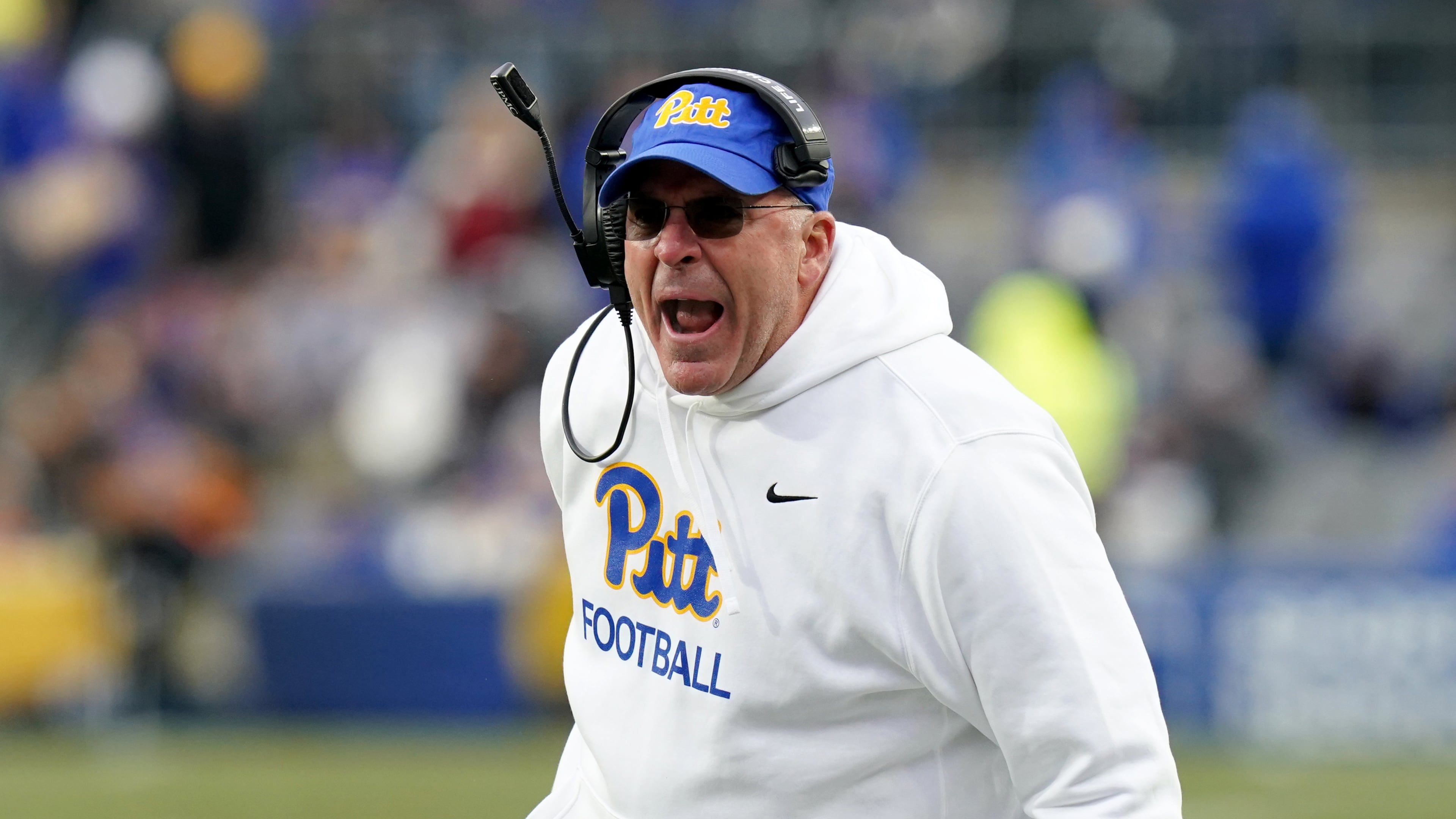 FILE - Pittsburgh head coach Pat Narduzzi argues a call during the second half of an NCAA college football game against Miami, Nov. 29, 2025, in Pittsburgh. (AP Photo/Matt Freed, File)