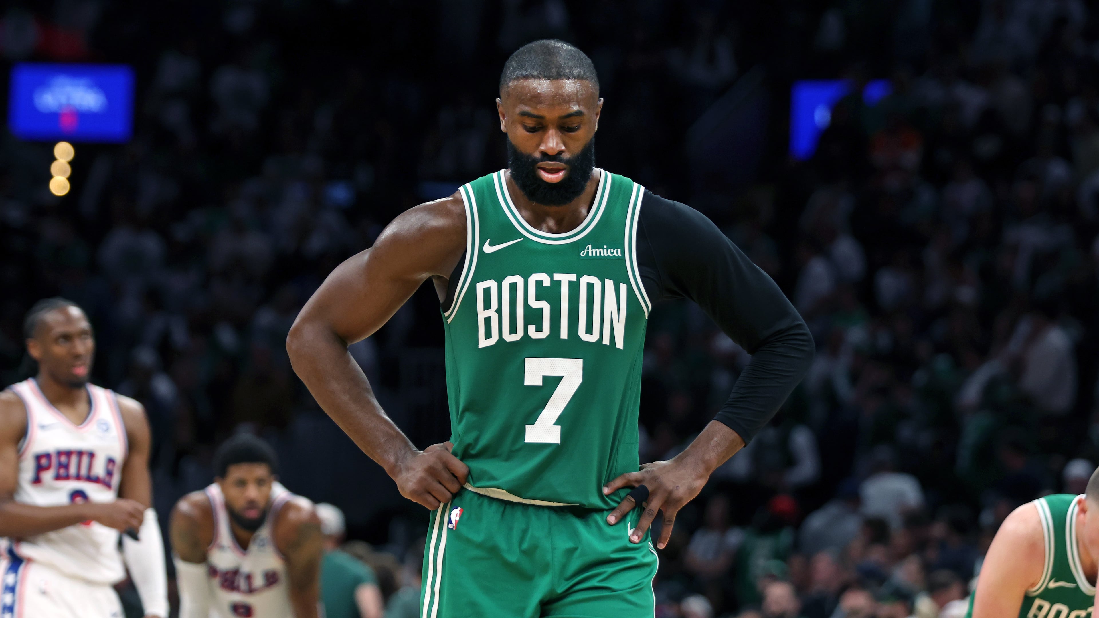Boston Celtics' Jaylen Brown is pictured during the final minutes of Game 7 in a first-round NBA basketball playoffs series, Saturday, May 2, 2026 in Boston. (AP Photo/Jim Davis)
