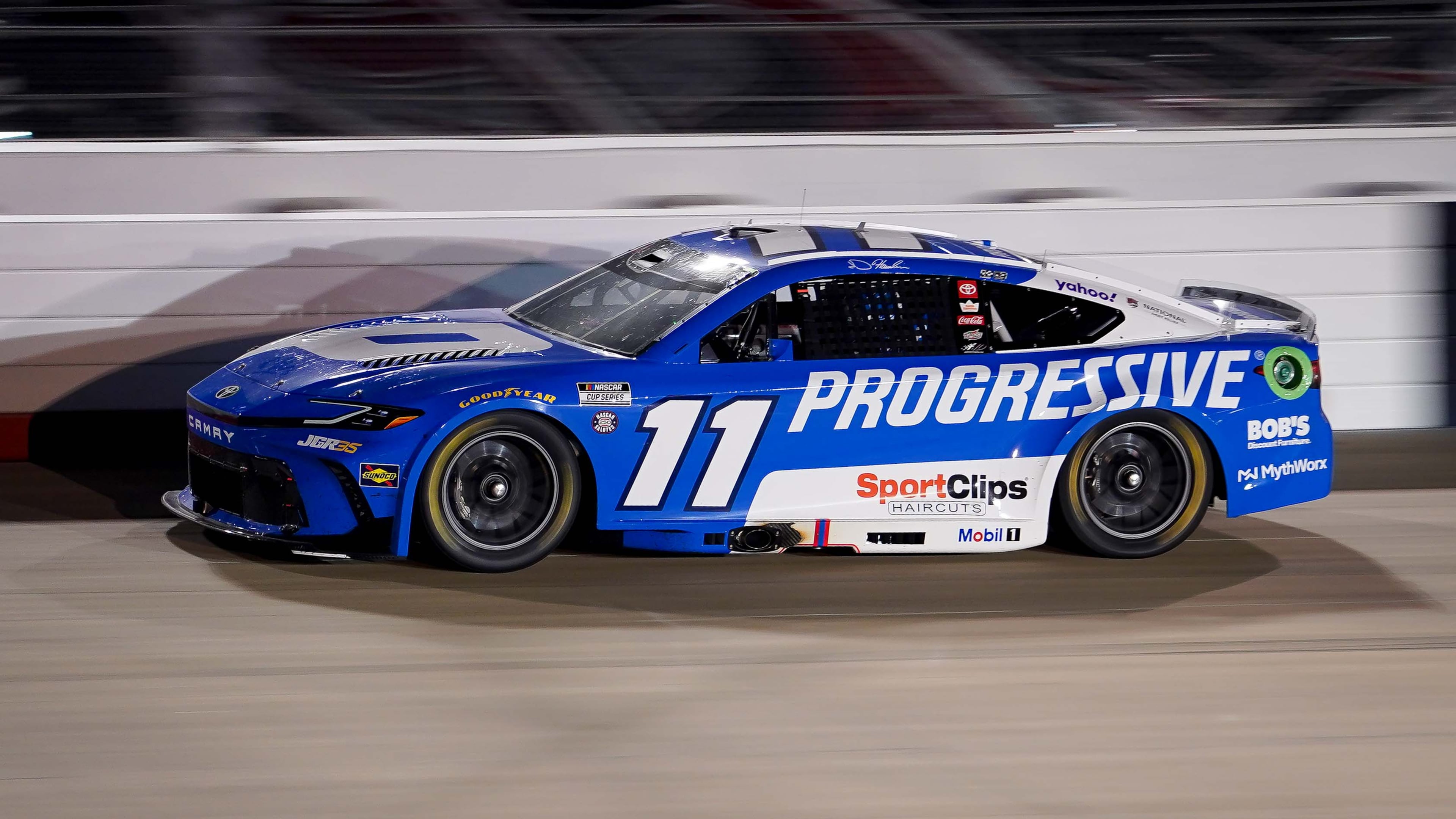 Denny Hamlin speeds around the track during a NASCAR Cup Series auto race, Sunday, May 31, 2026, in Lebanon, Tenn. (AP Photo/Camden Hall)