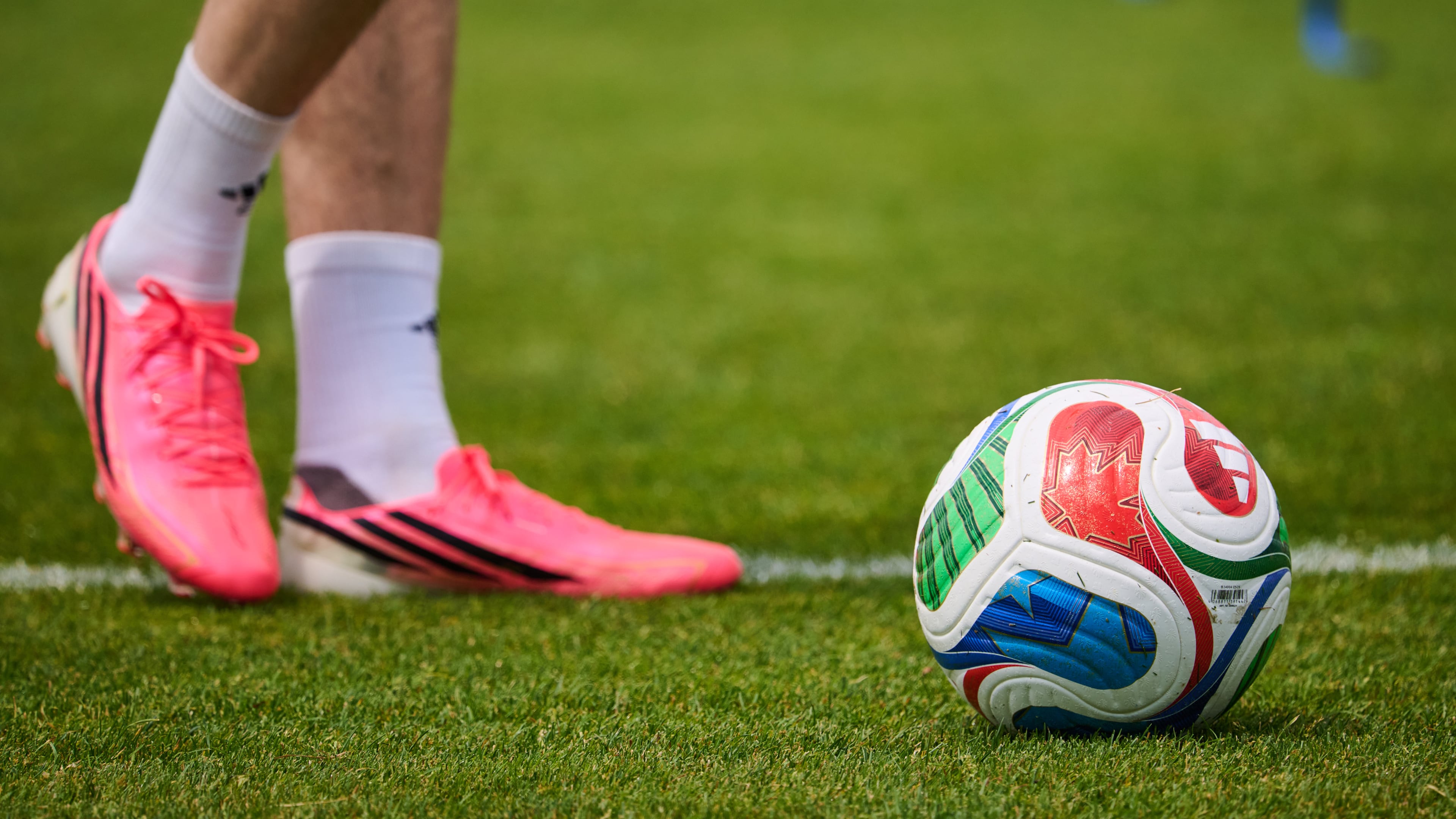 A Canadian flag is seen on a FIFA soccer ball during a World Cup soccer training session in Toronto, Tuesday, June 9, 2026. (Sammy Kogan/The Canadian Press via AP)