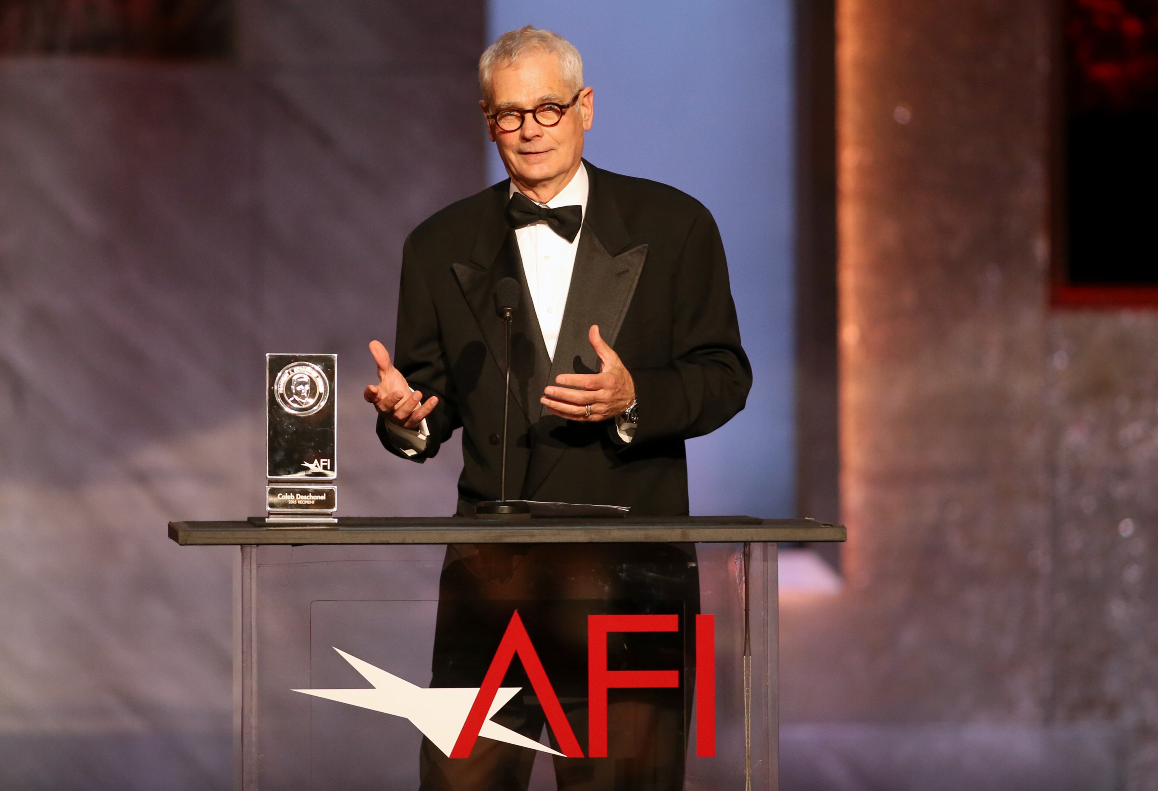 Caleb Deschanel accepts the Franklin J. Schaffner alumni medal at the 43rd AFI Lifetime Achievement Award Tribute Gala at the Dolby Theatre on Thursday, June 4, 2015, in Los Angeles. (Photo by Paul A. Hebert/Invision/AP)