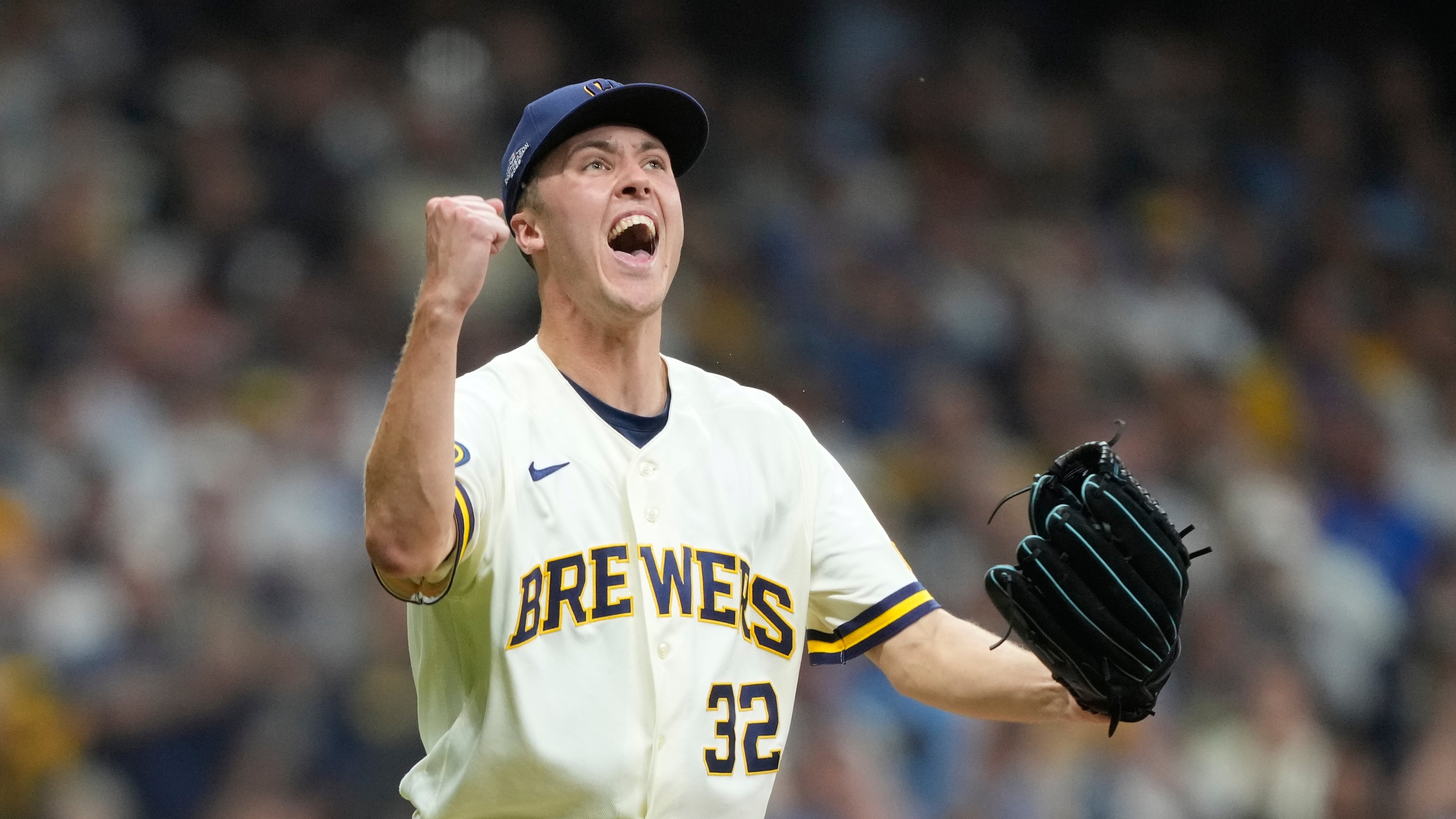Milwaukee Brewers' Jacob Misiorowski reacts after striking out San Diego Padres' Luis Campusano during the fourth inning in Game 1 of a National League Divisional baseball playoff series Saturday, Oct. 3, 2026, in Milwaukee. (AP Photo/Kayla Wolf)