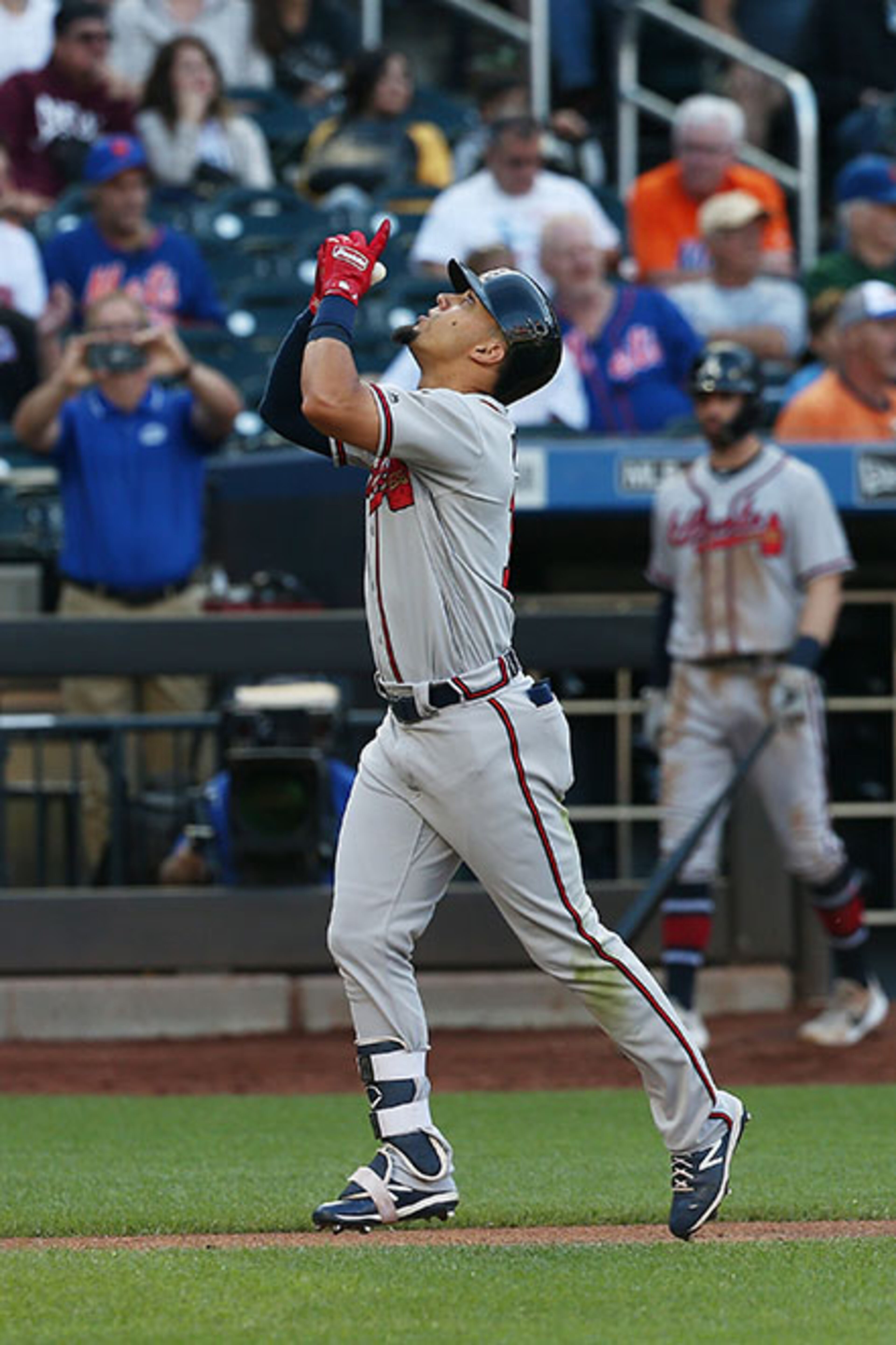 Braves' Rafael Ortega celebrates after hitting a two-run home run to right field in the fourth inning Sunday, Sept. 29, 2019, against the New York Mets at Citi Field in New York.