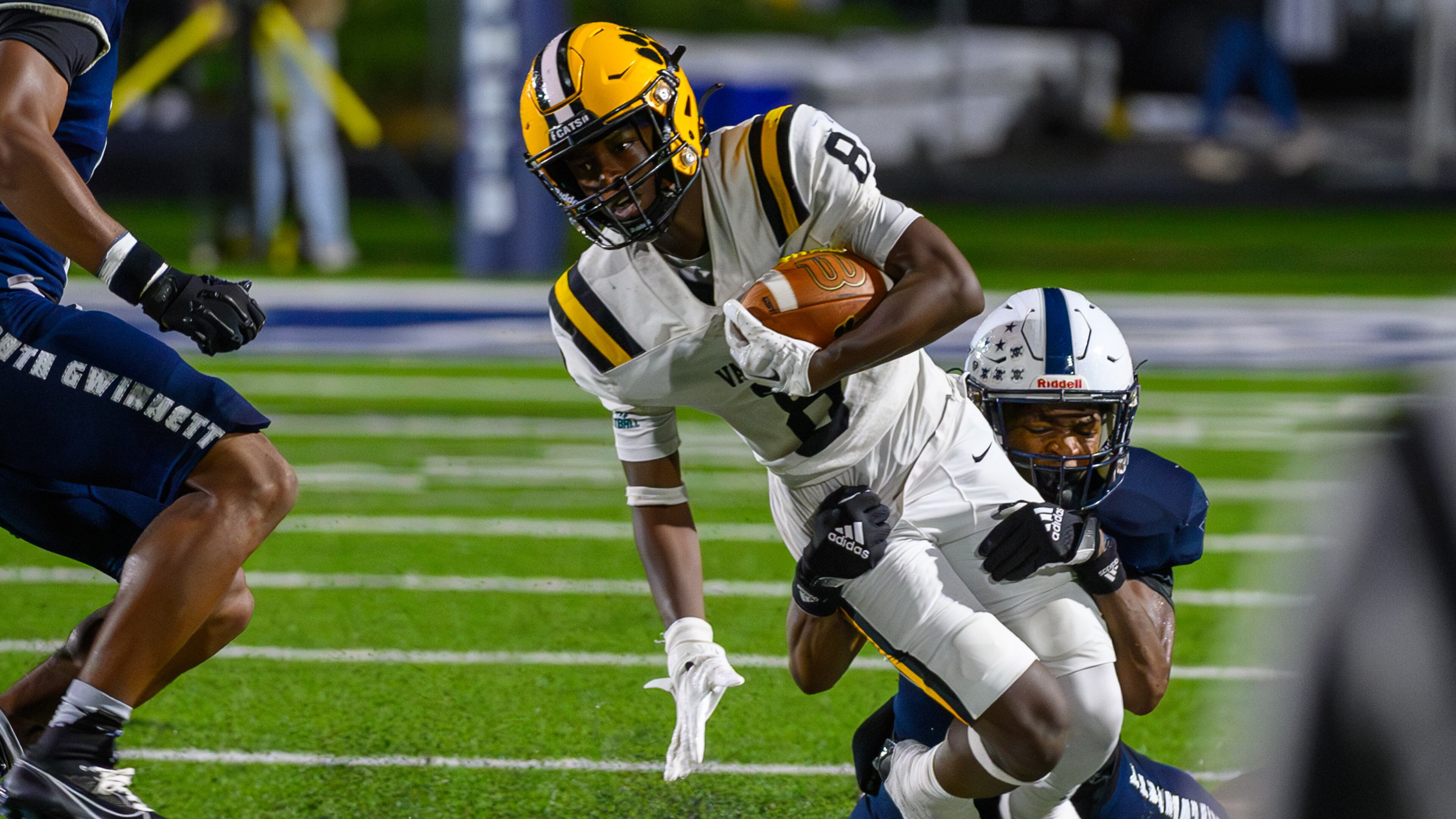 Valdosta’s JJ Gary is tackled during the Valdosta at South Gwinnett football game in Gwinnett on September 13, 2024. (Jamie Spaar for the Atlanta Journal Constitution)