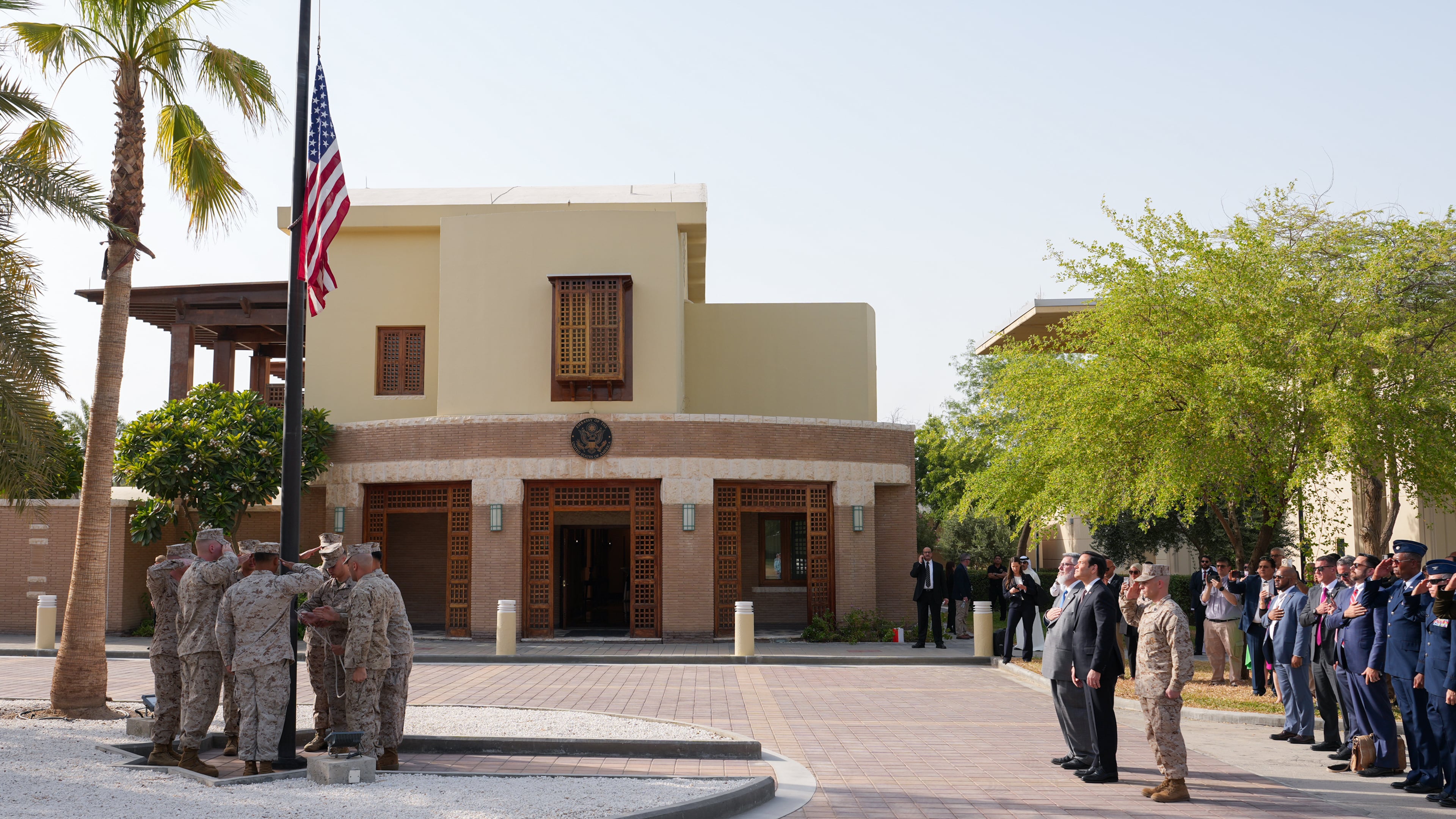 FILE - U.S. Secretary of State Marco Rubio and Steven Butler, charge d'affaires ad interim of the U.S. embassy in Kuwait, attend a flag raising ceremony at the embassy in Kuwait City, Kuwait, June 24, 2026. '(Eric Lee/Pool photo via AP, File)