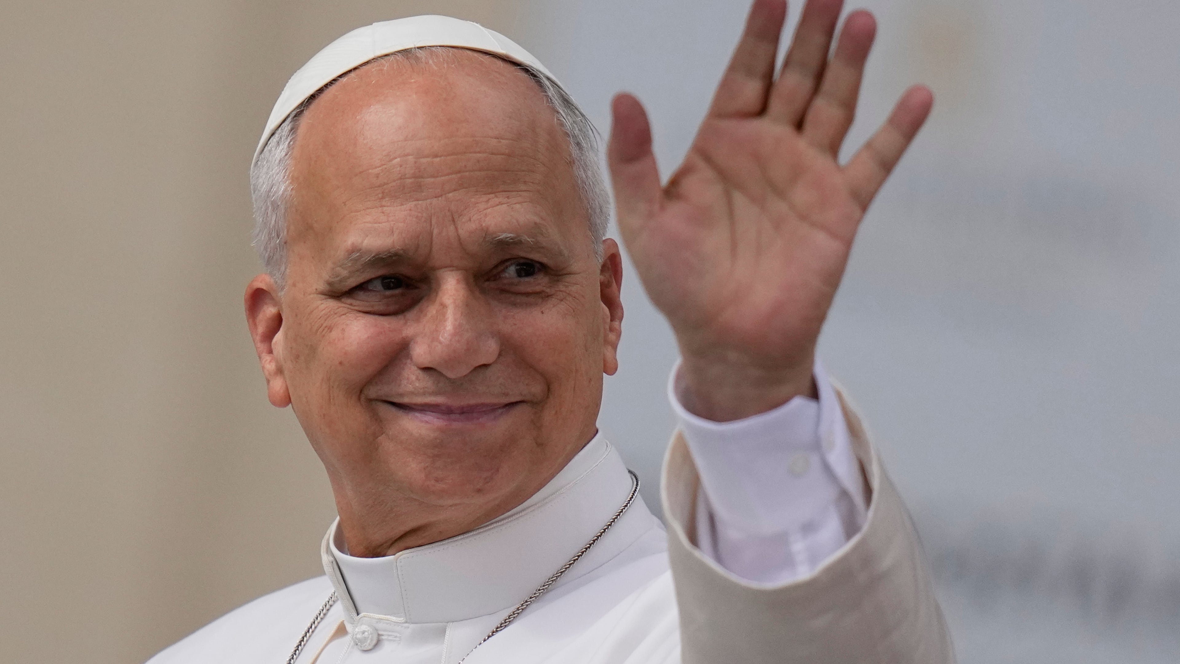 Pope Leo XIV arrives for his weekly general audience in St. Peter's Square, at the Vatican, Wednesday, May 13, 2026. (AP Photo/Alessandra Tarantino)