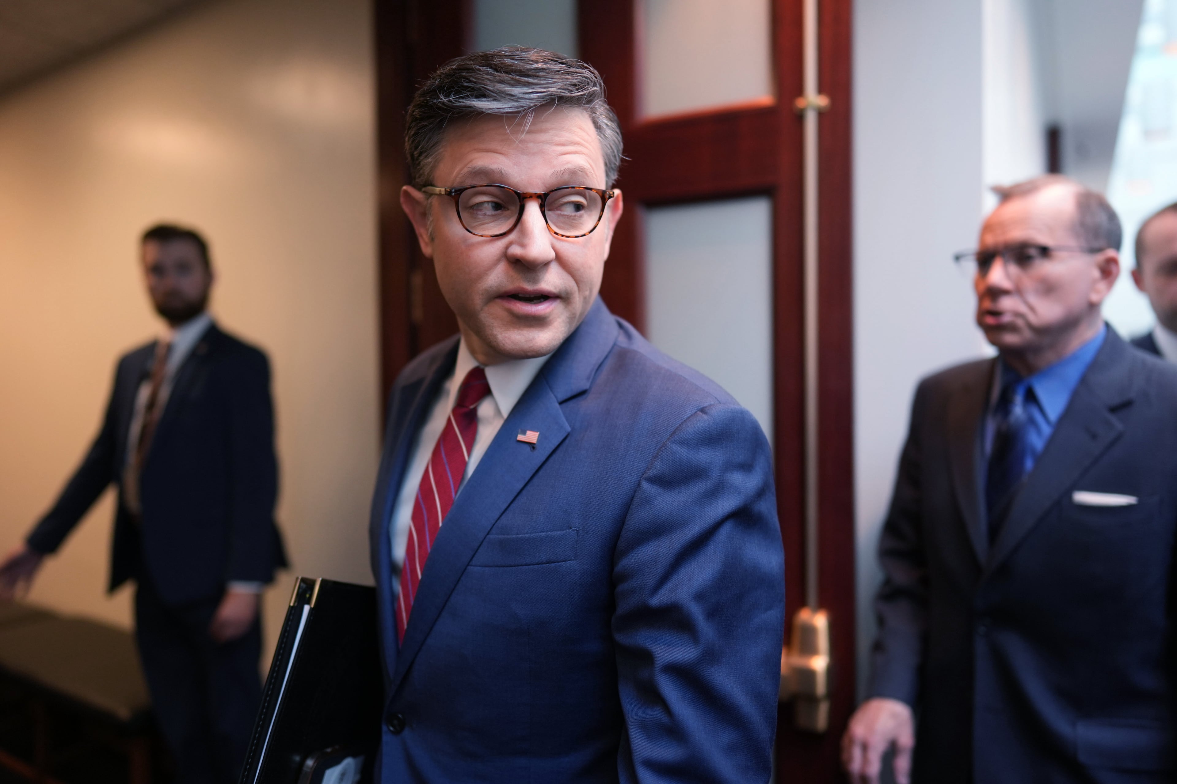House Speaker Mike Johnson arrives for an early-morning meeting with fellow Republicans at the Capitol in Washington earlier this month. (J. Scott Applewhite/AP)