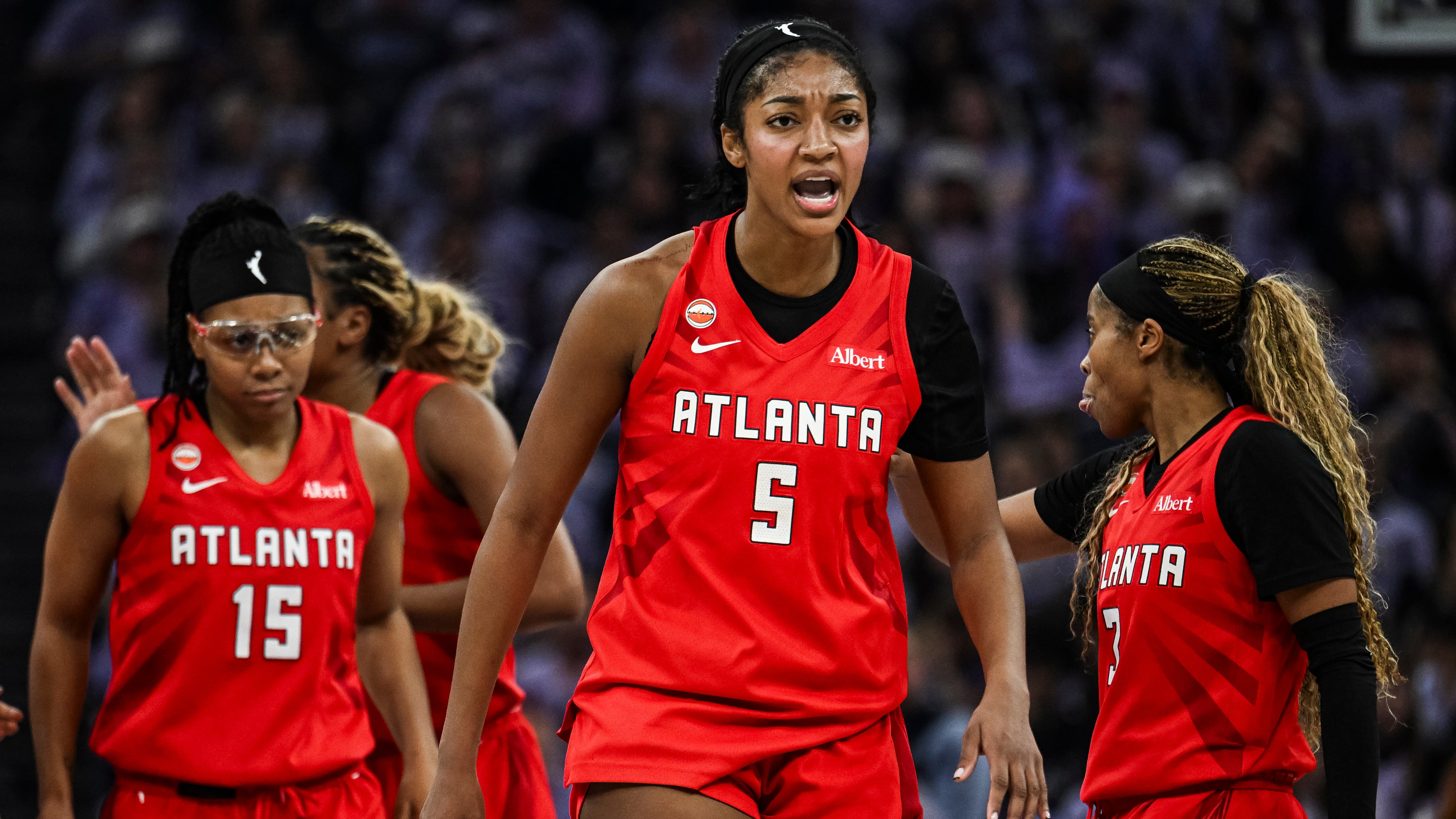 Atlanta Dream forward Angel Reese (5) reacts during the first half of Game 2 of the WNBA basketball finals against the Golden State Valkyries, Monday, Oct. 19, 2026, in San Francisco. (AP Photo/Justine Willard)