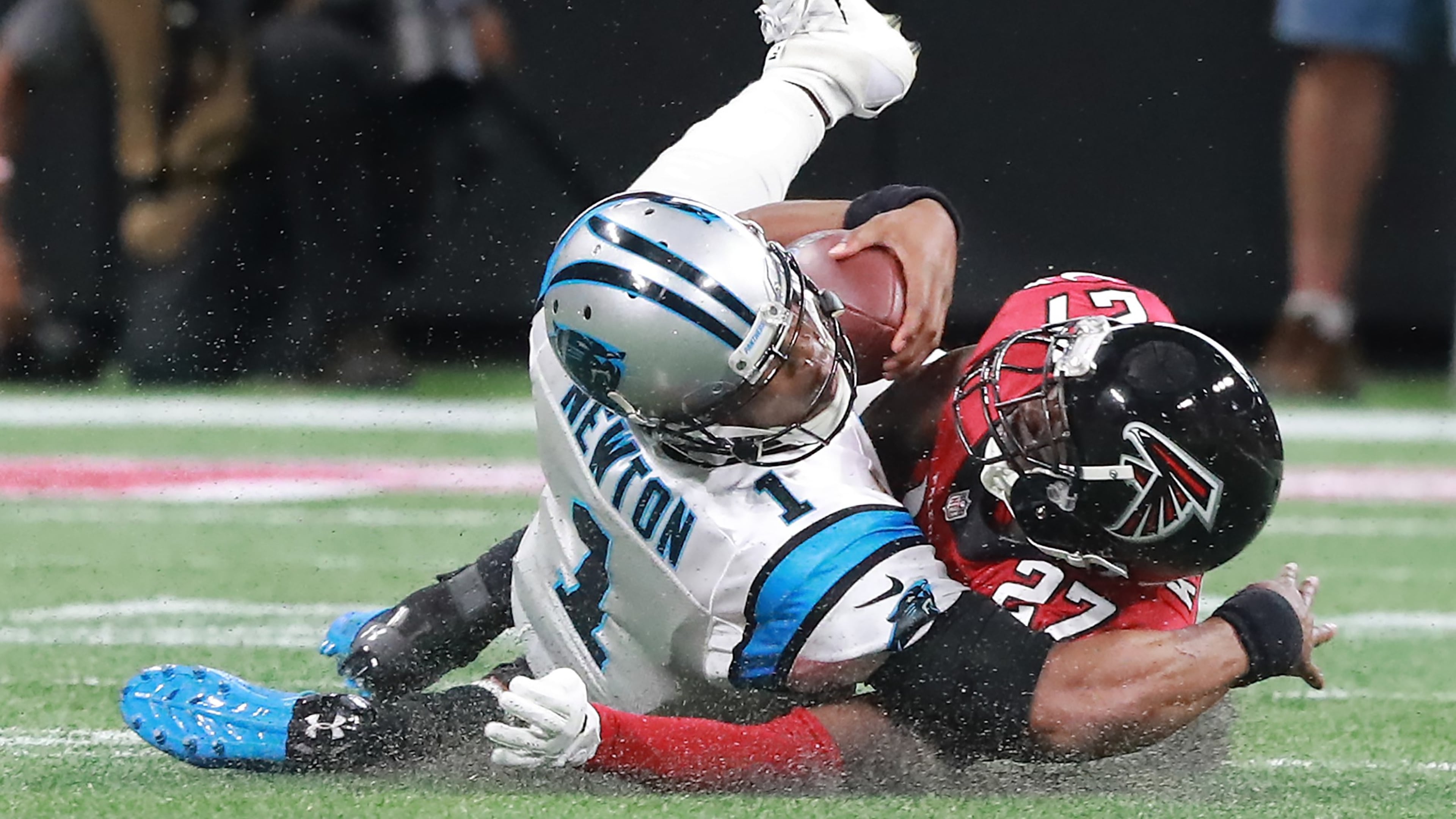 Falcons safety Damontae Kazee levels Panthers quarterback Cam Newton and is ejected from the game during the second quarter in a NFL football game on Sunday, Sept 16, 2018, in Atlanta. Curtis Compton/ccompton@ajc.com