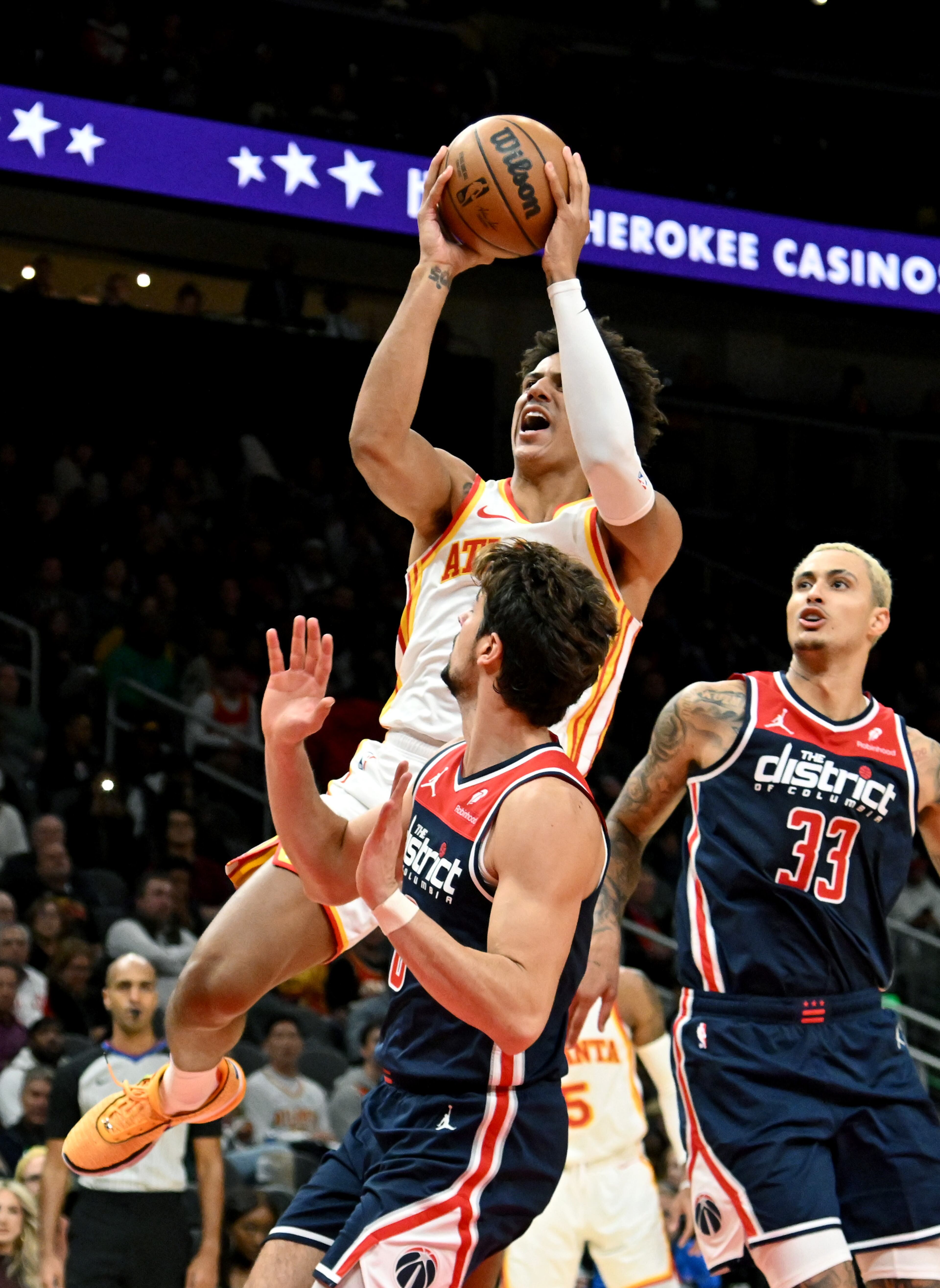 Atlanta Hawks forward Jalen Johnson (1) shoots over Washington Wizards forward Deni Avdija (8) during the second half in an NBA basketball game at State Farm Arena, Wednesday, November 1, 2023, in Atlanta. Atlanta Hawks won 130-121 over Washington Wizards. (Hyosub Shin / Hyosub.Shin@ajc.com)