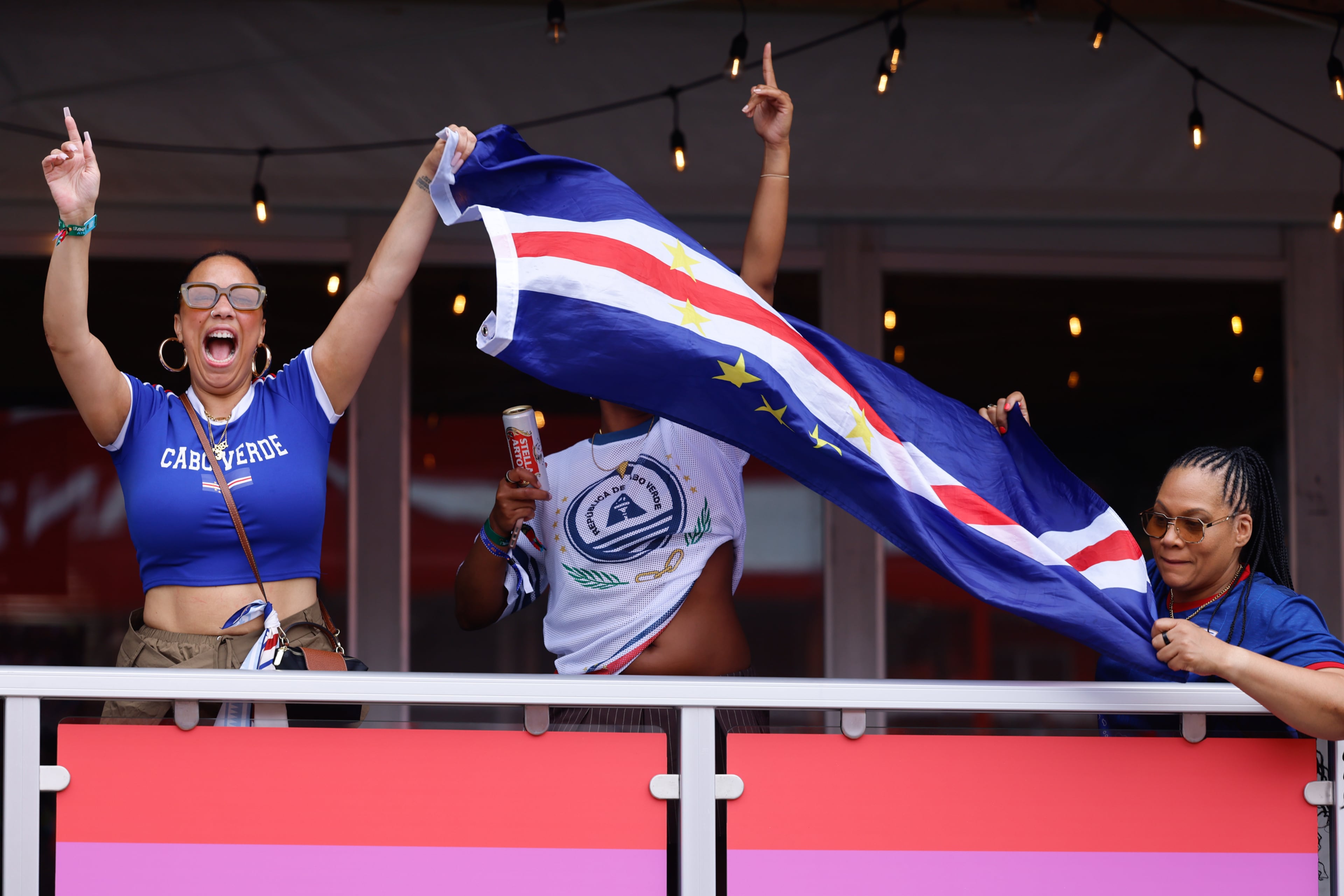 Cape Verde fans cheer at FIFA Fan Festival in Centennial Olympic Park during the Spain and Cape Verde match at the 2026 FIFA World Cup in Atlanta on June 15, 2026. It’s the first of eight World Cup matches to take place in Atlanta. The match was a 0-0 draw. (Arvin Temkar/AJC)