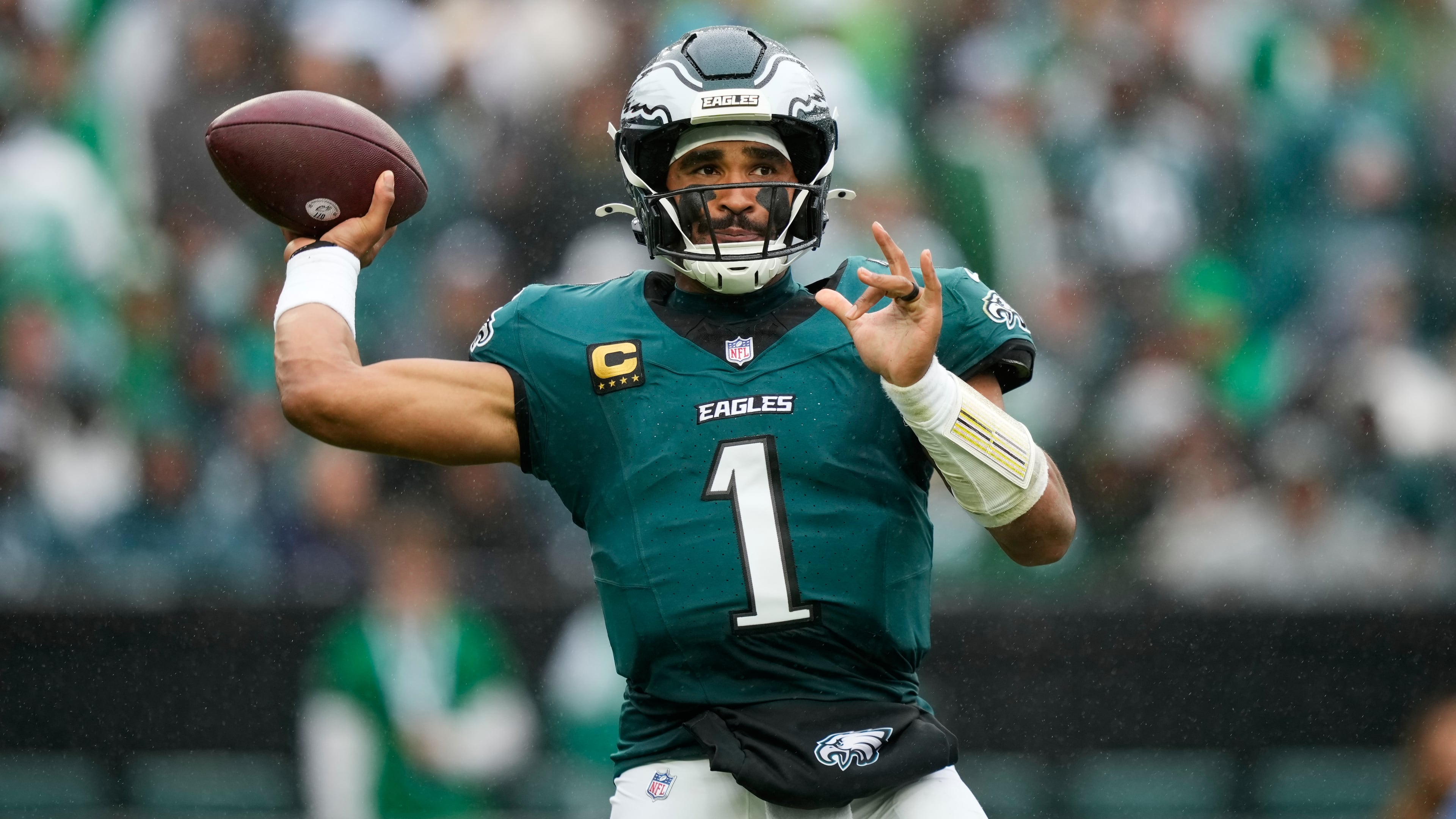 Philadelphia Eagles quarterback Jalen Hurts looks to pass during the second half of an NFL football game against the Los Angeles Rams in Philadelphia, Sunday, Oct. 4, 2026. (AP Photo/Matt Slocum)