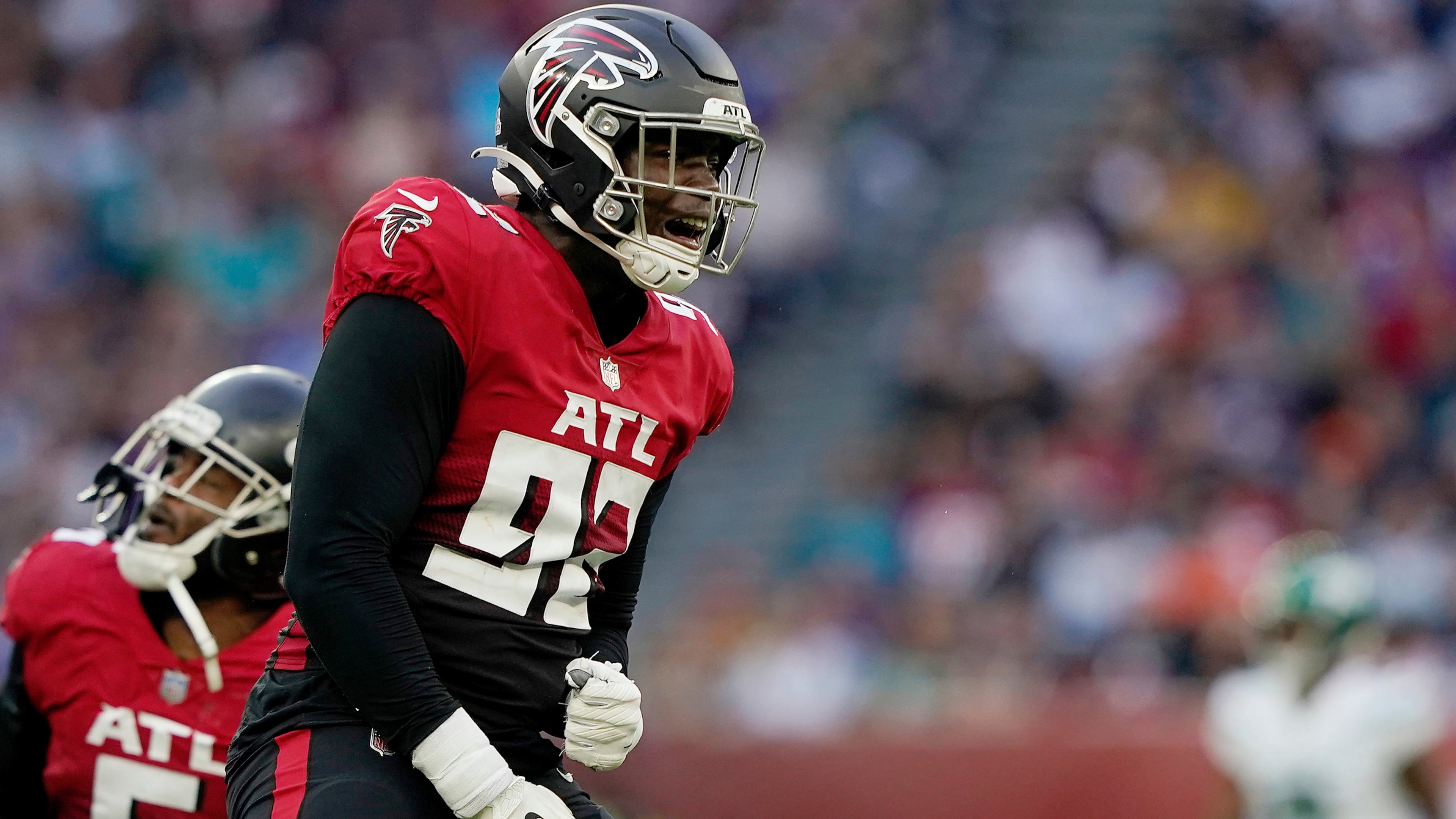 Falcons linebacker Adetokunbo Ogundeji (92) reacts after a play against the New York Jets Sunday, Oct. 10, 2021, at Tottenham Hotspur Stadium in London. The Falcons won 27-20. (Steve Luciano/AP)