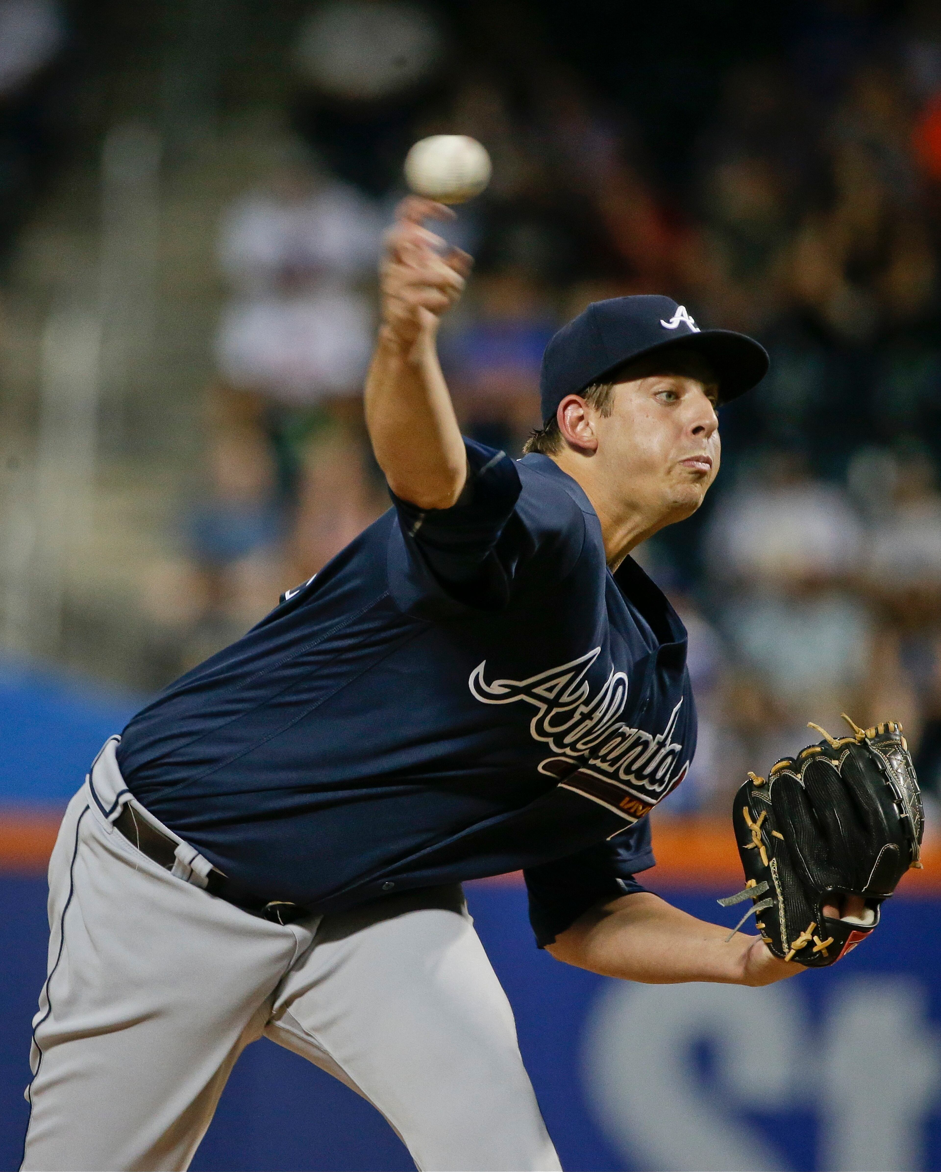 Atlanta Braves' Aaron Blair delivers a pitch during the first inning of a baseball game against the New York Mets, Saturday, June 18, 2016, in New York. (AP Photo/Frank Franklin II)