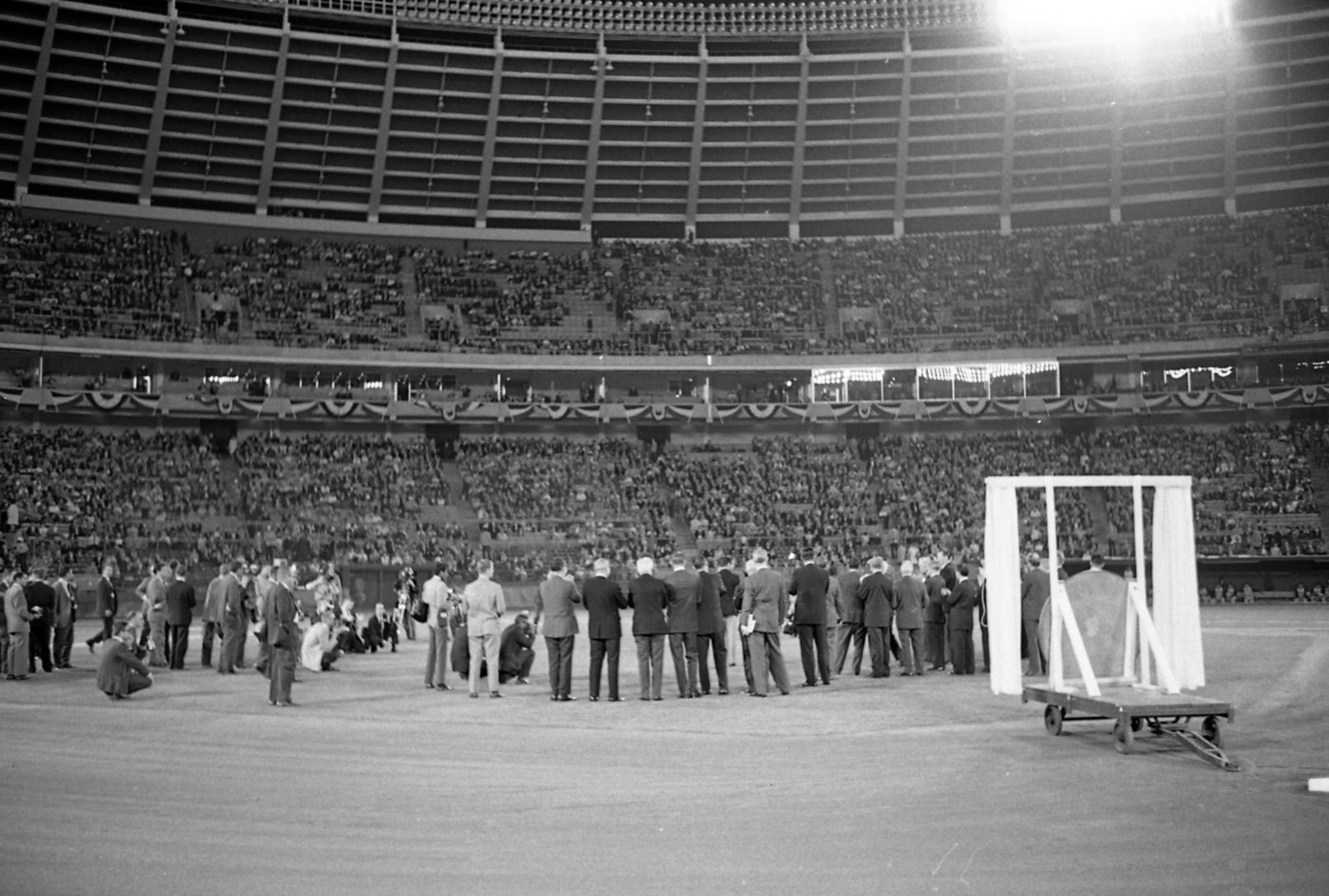 Pre-game ceremonies take place on the field at Atlanta Stadium. AJC file photo