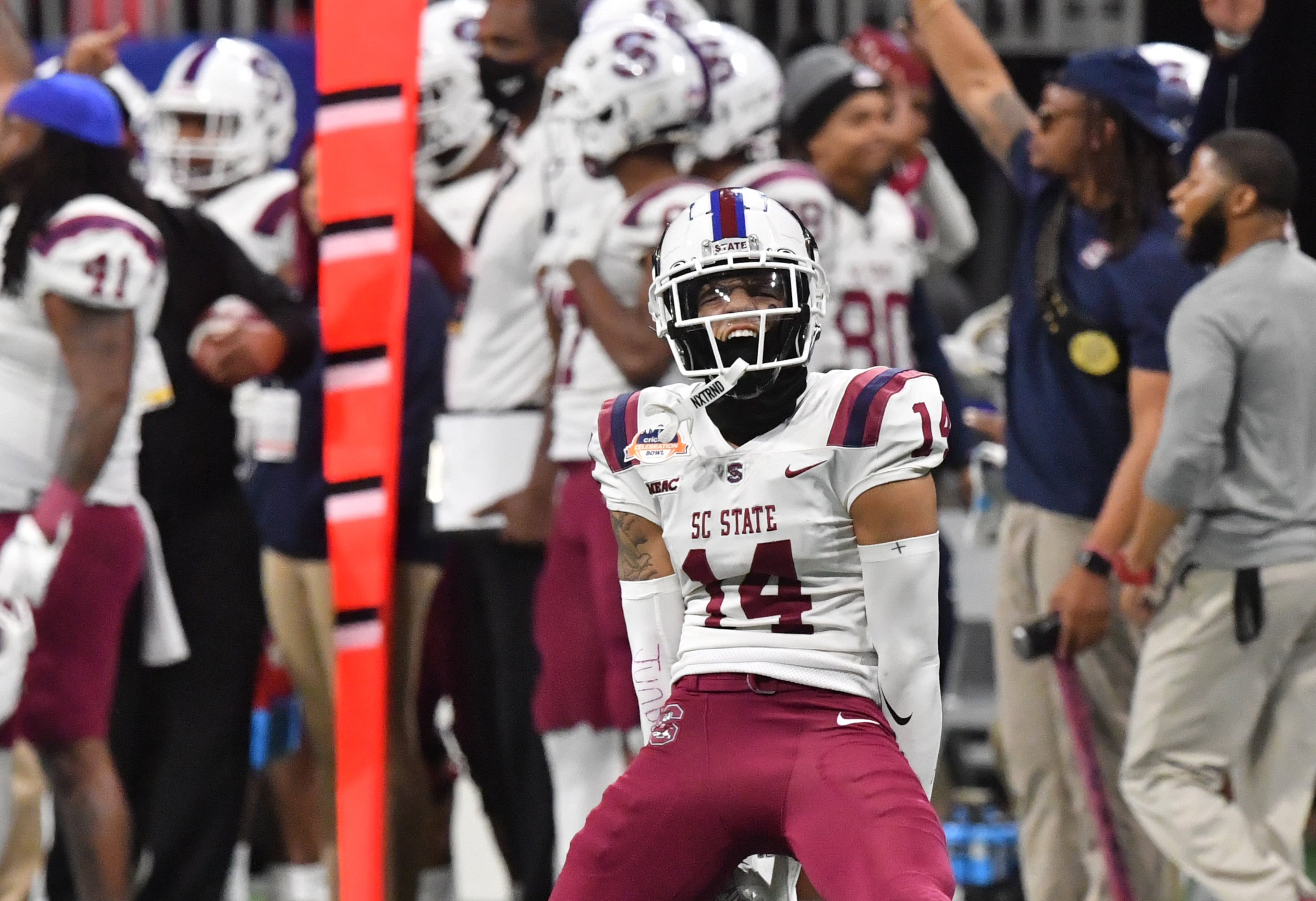 South Carolina State's defensive back Decobie Durant (14) reacts during the first half of the 2021 Cricket Celebration Bowl at Mercedes-Benz Stadium in Atlanta on Saturday, December 18, 2021. (Hyosub Shin / Hyosub.Shin@ajc.com)