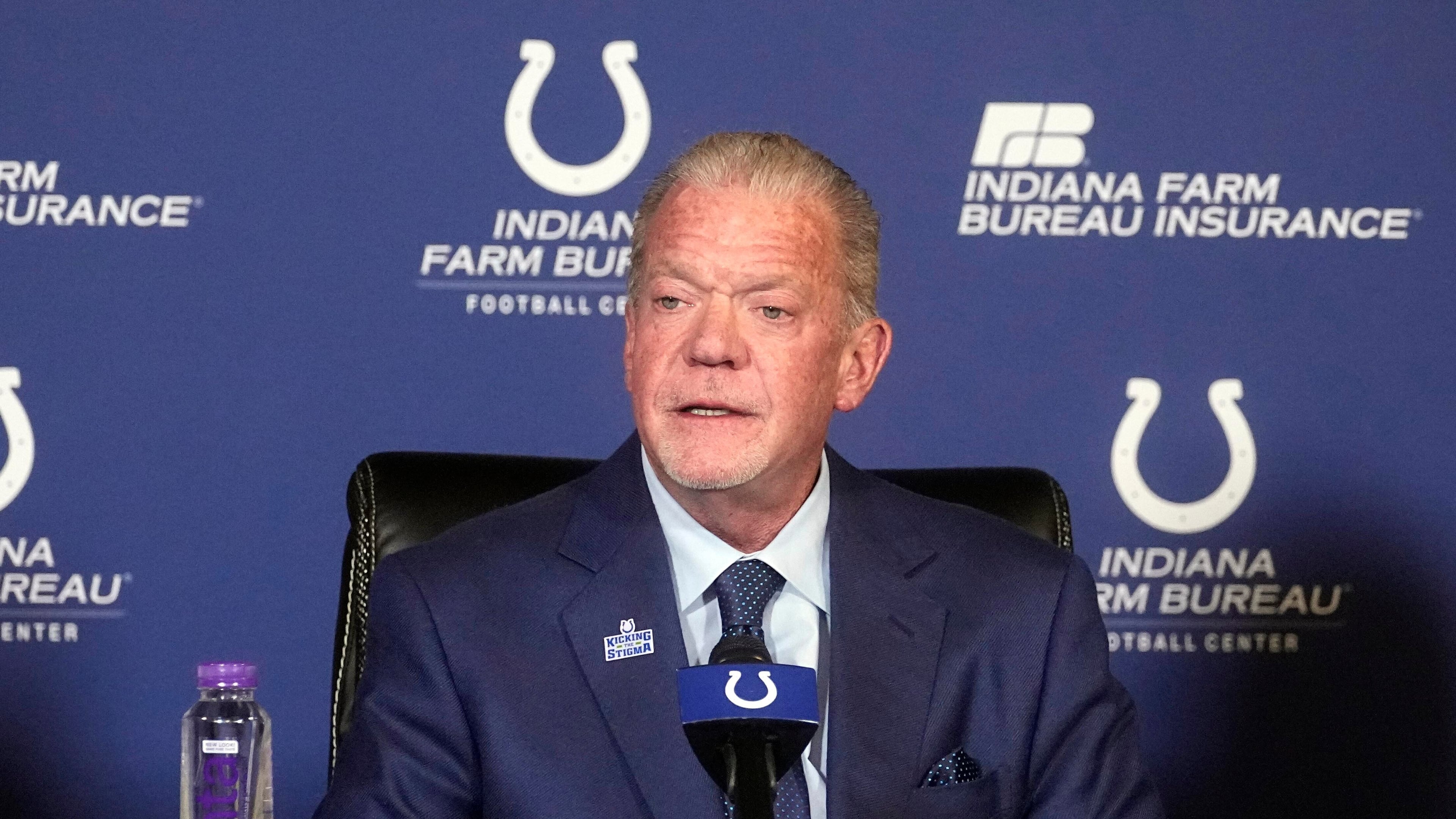 FILE -Indianapolis Colts owner Jim Irsay speaks during a news conference at the NFL football team's practice facility Nov. 7, 2022, in Indianapolis. (AP Photo/Darron Cummings, File)