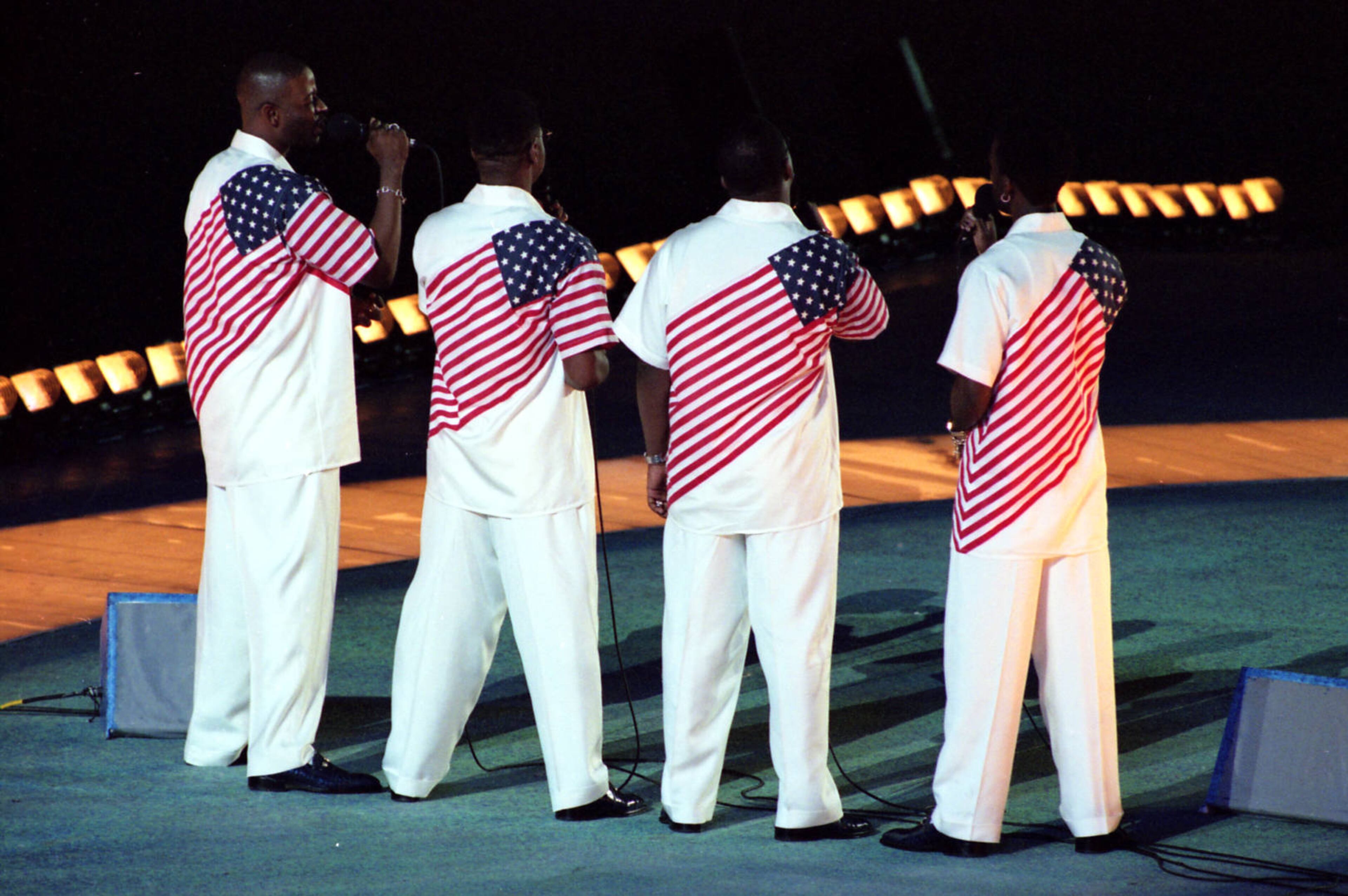 R&B vocal group, Boyz II Men, performing the national athem at the 1996 Olympics closing ceremony, Atlanta, Georgia, August 4, 1996. Photo by John Spink/jspink@ajc.com