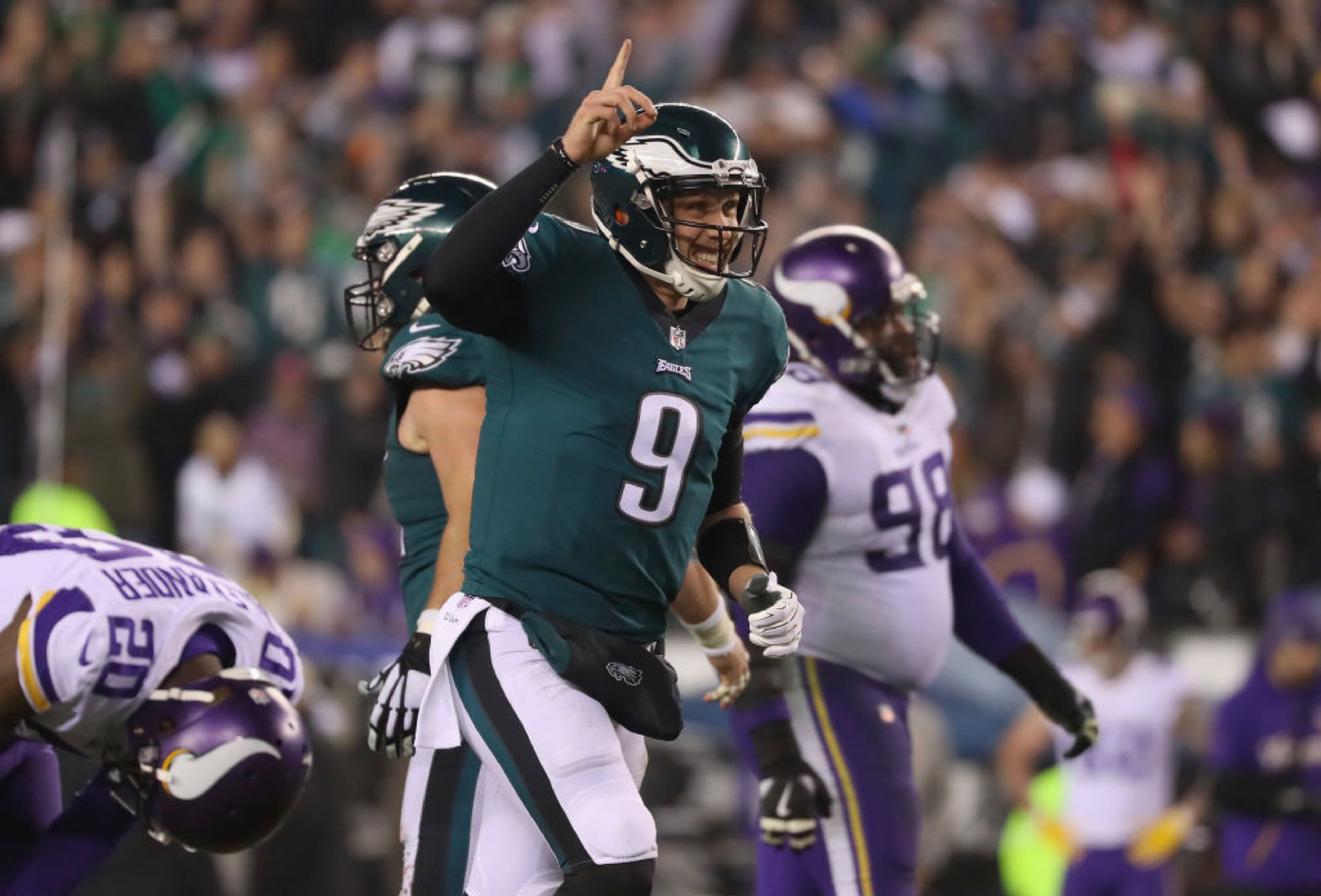 PHILADELPHIA, PA - JANUARY 21: Nick Foles #9 of the Philadelphia Eagles celebrates a first quarter touchdown against the Minnesota Vikings in the NFC Championship game at Lincoln Financial Field on January 21, 2018 in Philadelphia, Pennsylvania. (Photo by Abbie Parr/Getty Images)