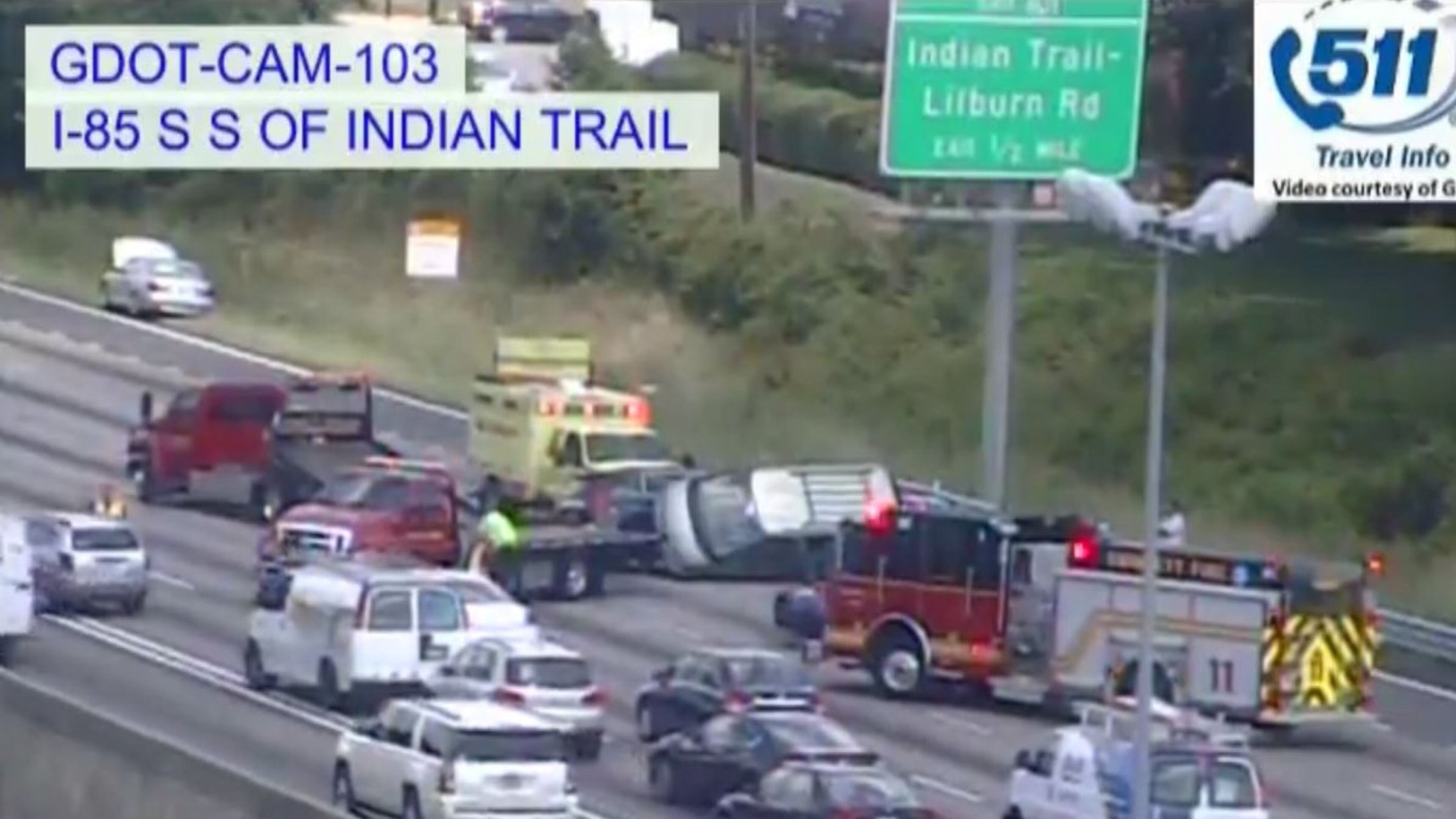 Only the left lane was open on I-85 northbound before Indian Trail as crews worked a rollover crash. (Credit: Georgia Department of Transportation)