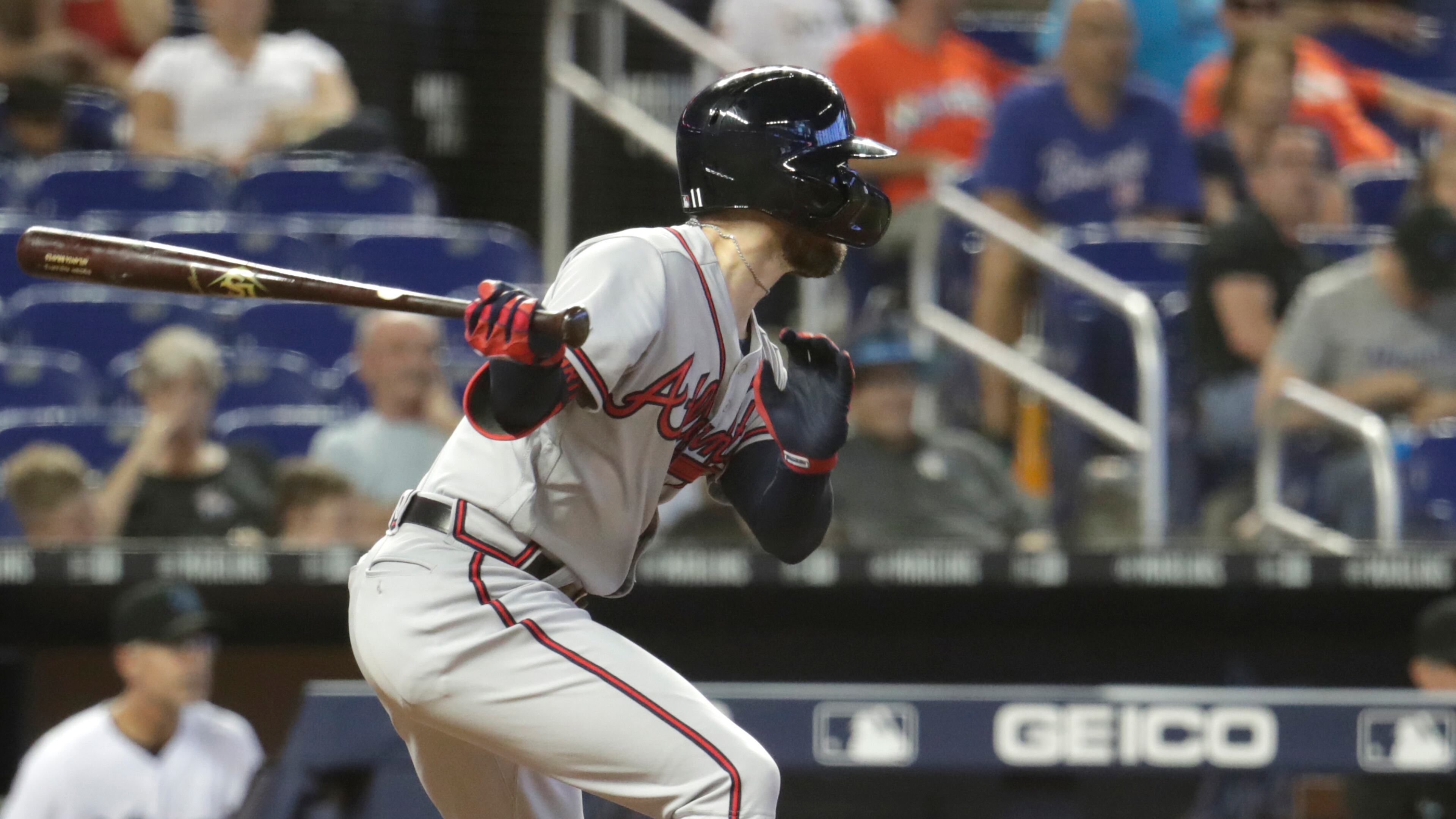 Braves center fielder Ender Inciarte hits an RBI double to score Max Fried during the tenth inning against the Miami Marlins, Sunday, May 5, 2019, in Miami.