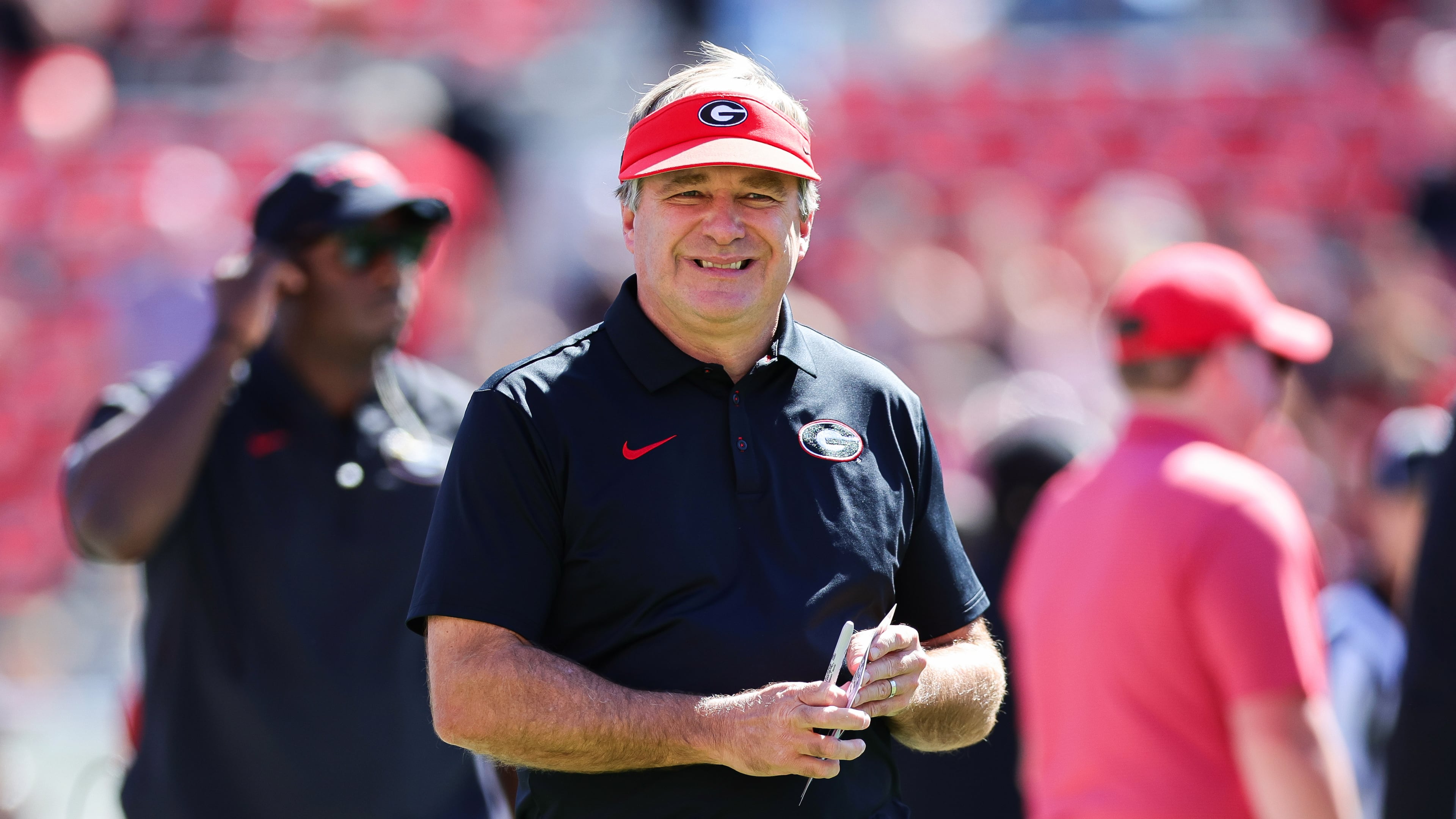 Georgia head coach Kirby Smart reacts during warm ups before an NCAA college football game against Oklahoma, Saturday, Sept. 26, 2026, in Athens, Ga. (AP Photo/Colin Hubbard)