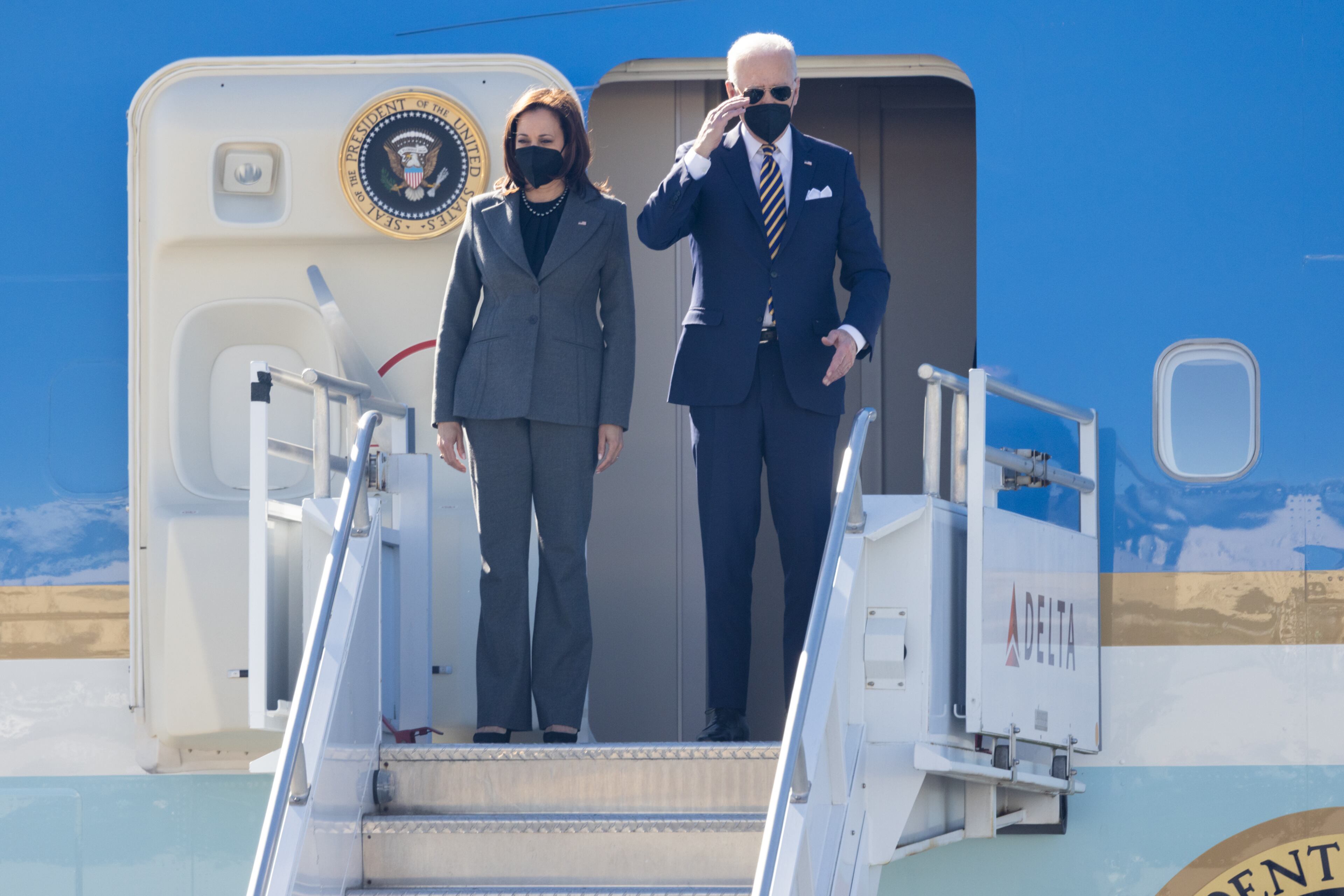 President Joe Biden and Vice President Kamala Harris depart Air Force One in Atlanta, Georgia on January 11th, 2022 ahead of a speech on voting rights. (Nathan Posner for The Atlanta Journal-Constitution)