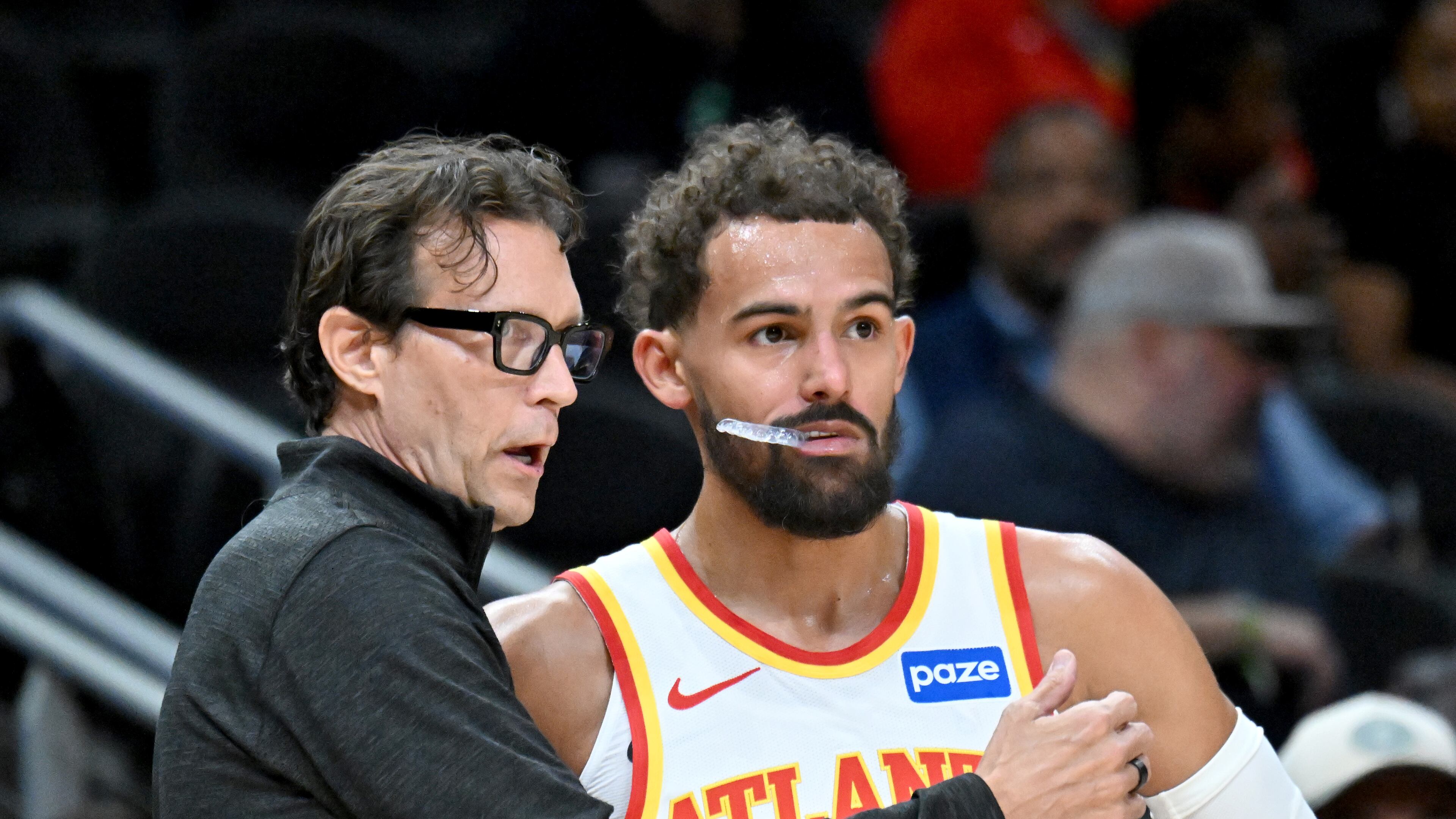 The Hawks announced Saturday that guard Trae Young will be increasing his conditioning as he tries to come back from a sprained MCL in his right knee. Young has missed 21 games since his injury, suffered on Oct. 29, and the team is 12-9 in his absence. (Hyosub Shin/AJC)