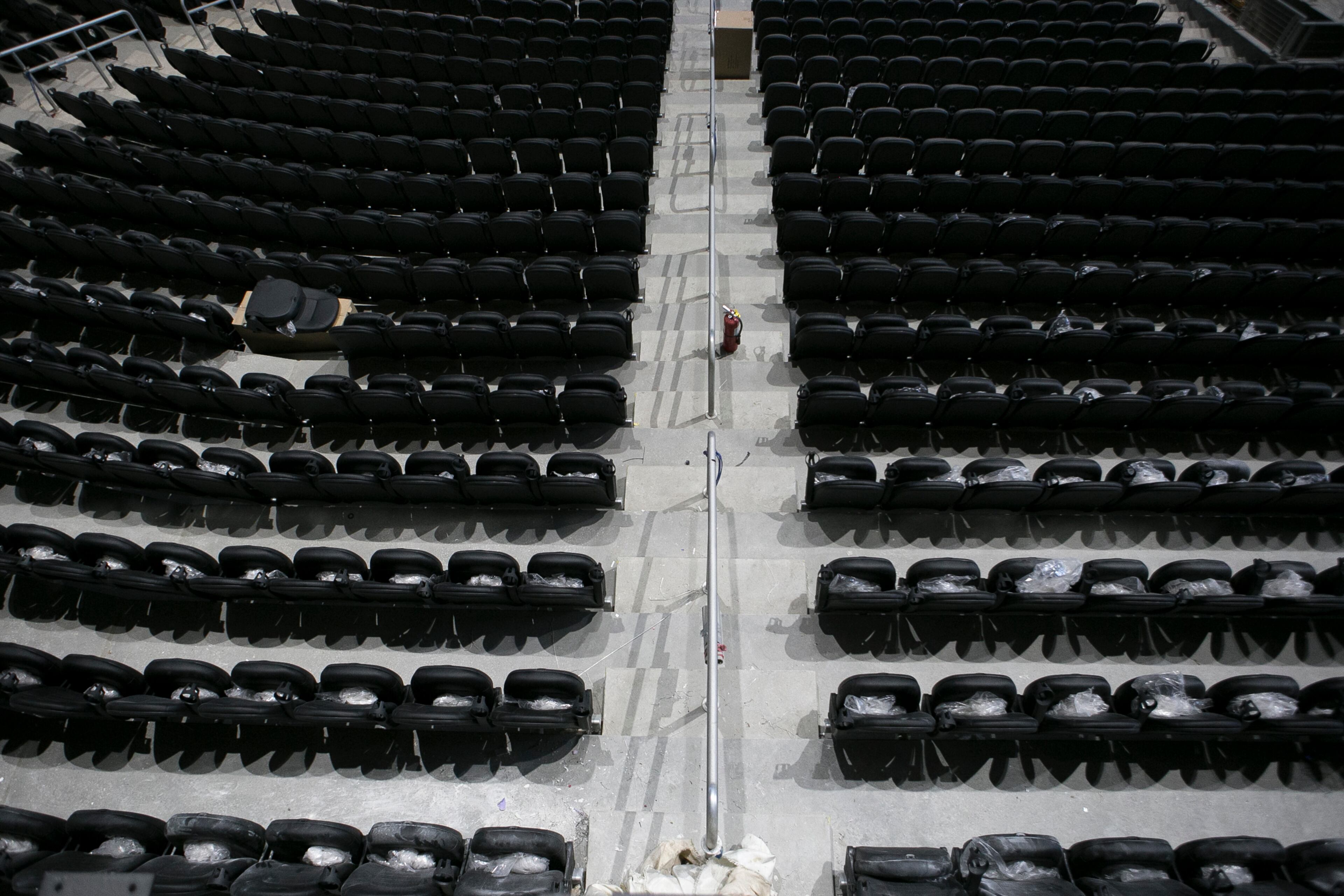 A seating section is shown during a guided media tour through the in-progress renovations at the State Farm Arena in Atlanta, Ga., on Thurs., Sept. 20, 2018. The renovations, which total $192.5 million, are on track to be completed by the arena's scheduled open house on October 20. The current rate of progress is about $1 million of work per day, according to Brett Stefansson, Atlanta Hawks executive vice president and general manager of State Farm Arena. (CASEY SYKES, CASEYLANESYKES@GMAIL.COM)