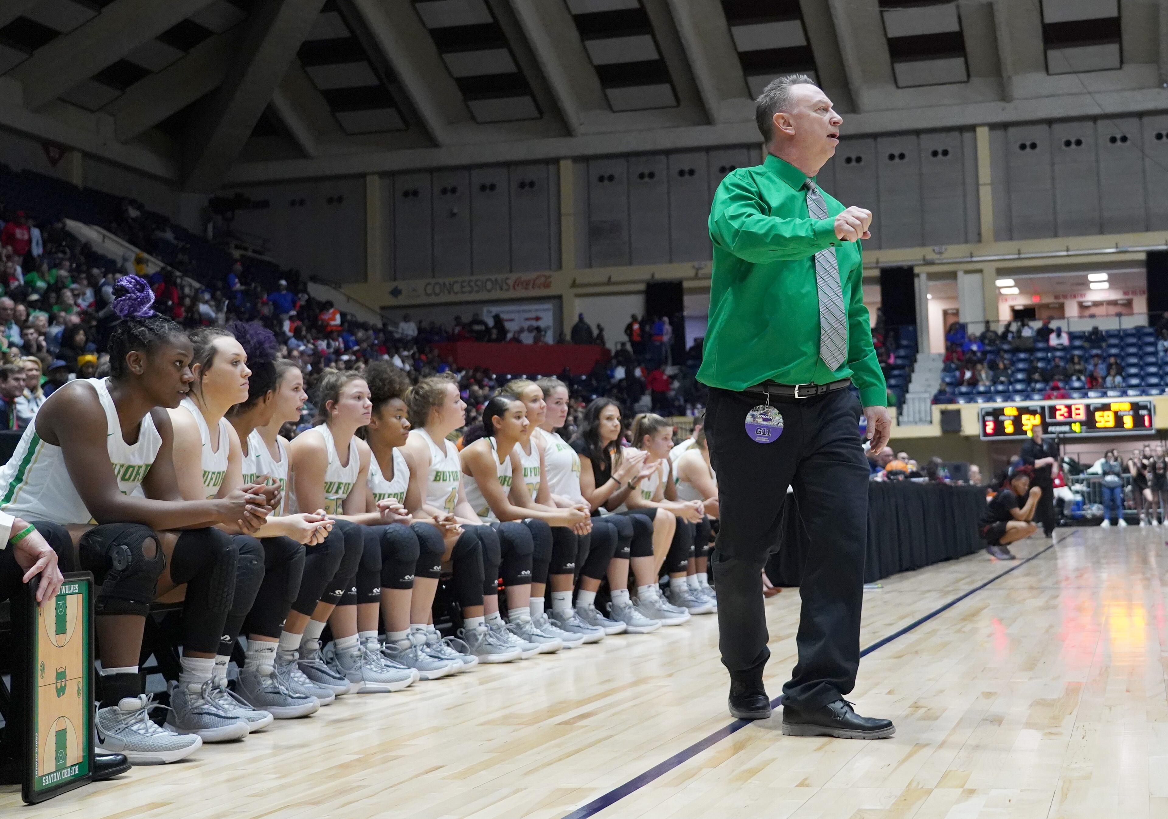 Buford High School coach Gene Durden coaches in the win over Kell at the Class AAAA girls title basketball game at the Macon Centreplex, Friday March 6, 2020, in Macon. Tami Chappell for the Atlanta Journal Constitution