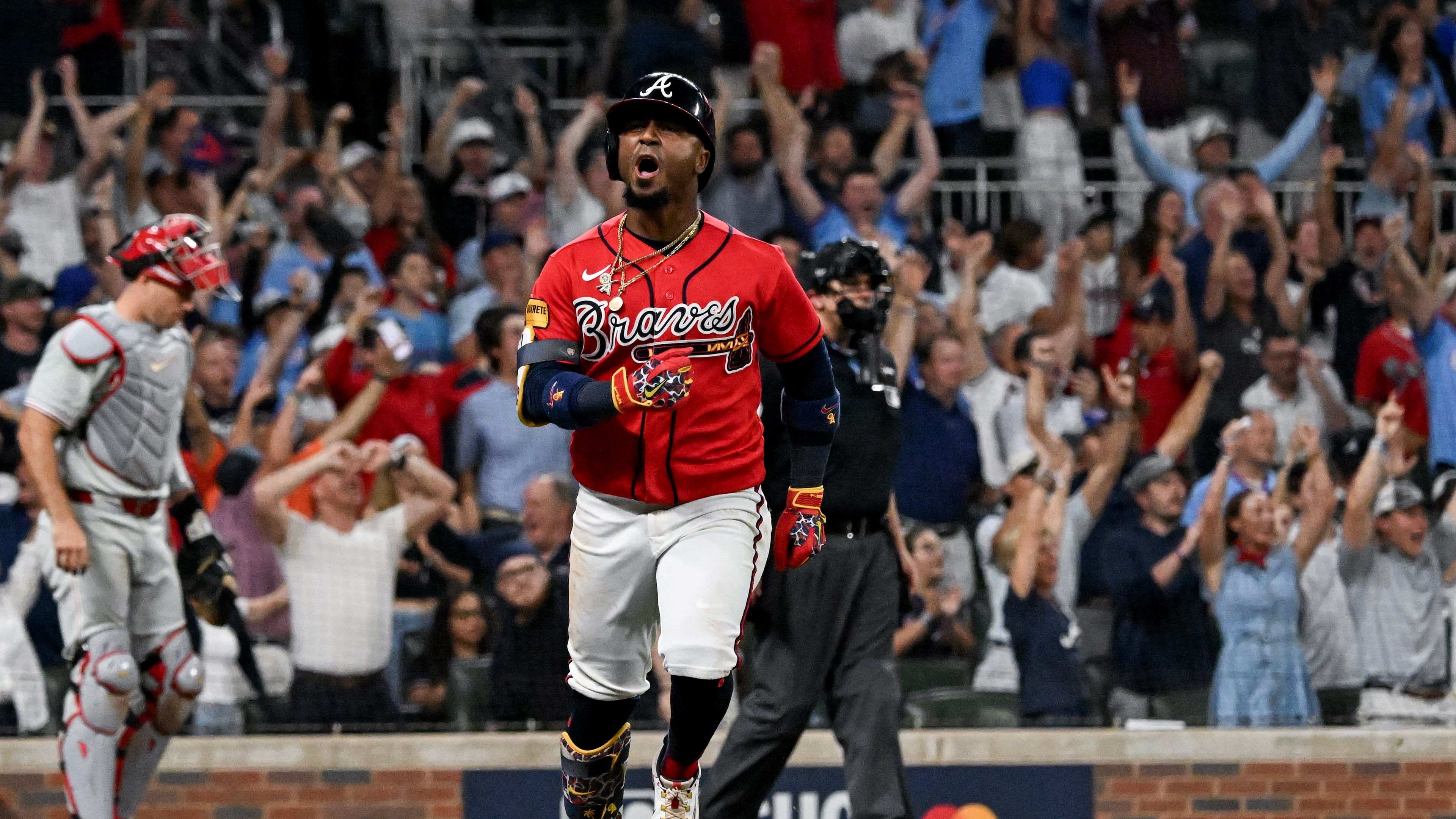 Braves second baseman Ozzie Albies celebrates after hitting a two-run home run against the Phillies during Game 3 of their NL Wild Card Series on Thursday, Oct. 1, 2026, in Atlanta. (Hyosub Shin/AJC)