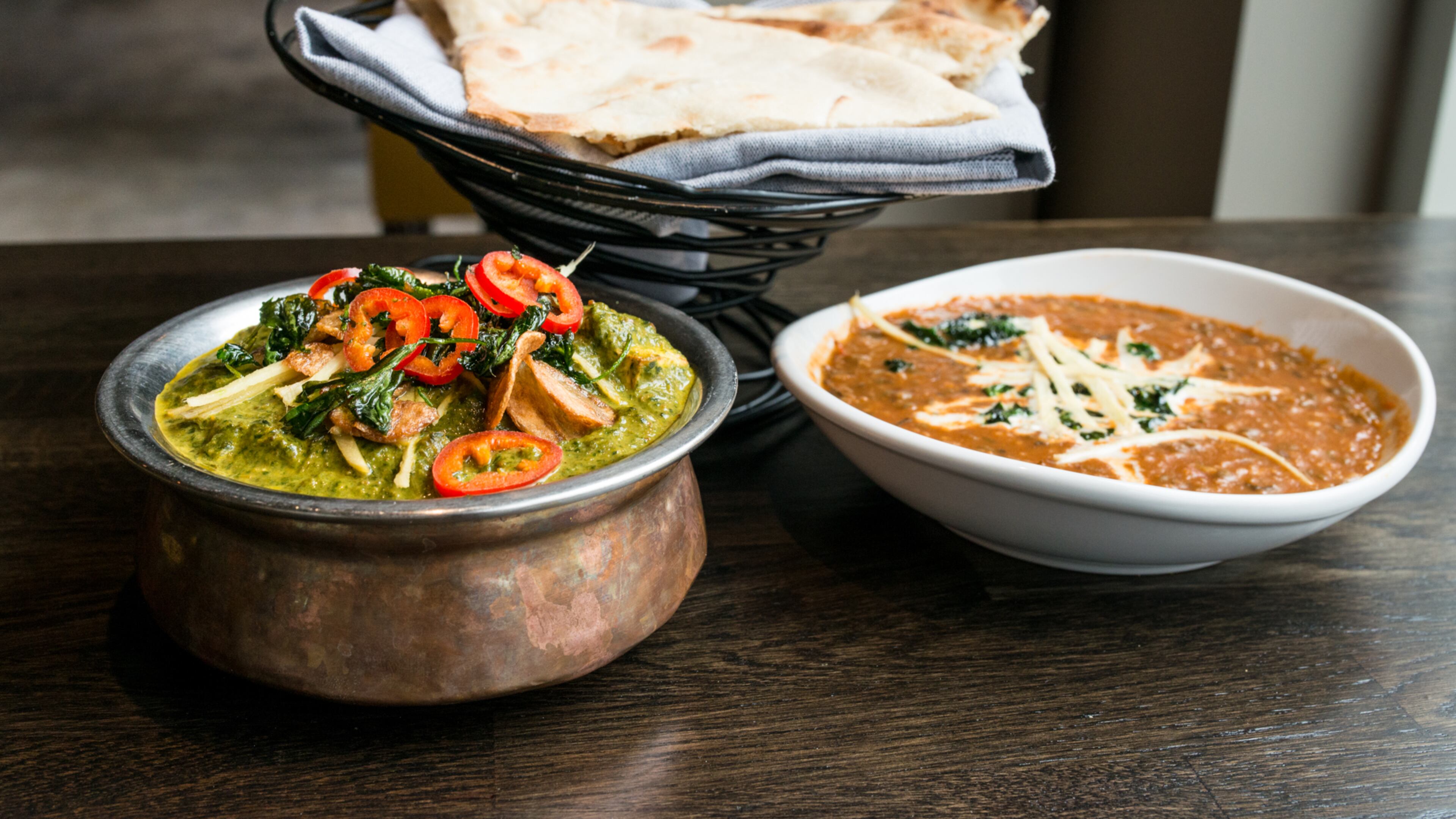 Saag with paneer, 24 hour lentils, and Naan at Amara. / Photo credit- Mia Yakel.