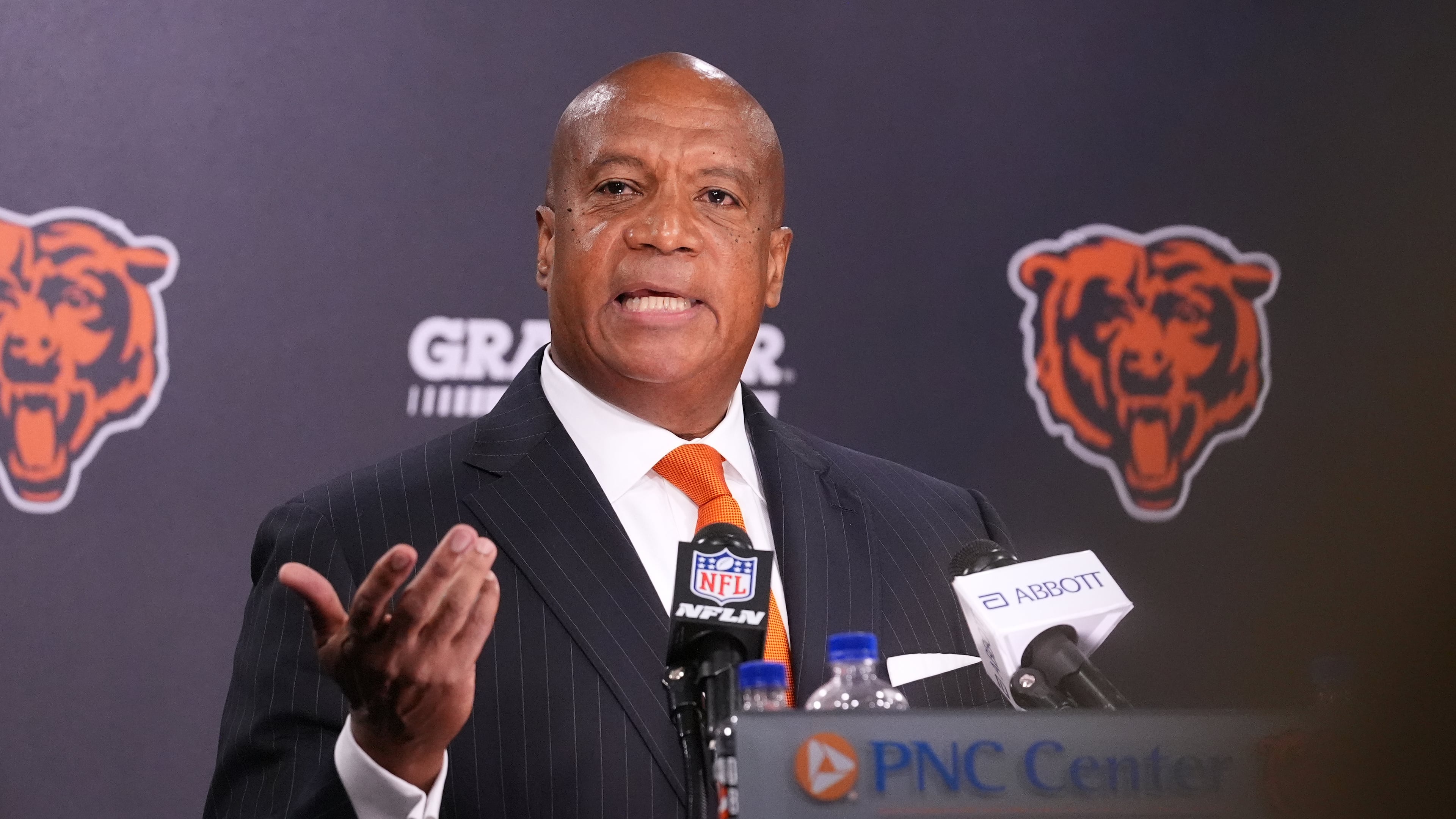 Chicago Bears President and CEO Kevin Warren addresses the team's ongoing stadium plans during a news conference Thursday, Aug. 13, 2026, in Lake Forest, Ill. (AP Photo/Nam Y. Huh)