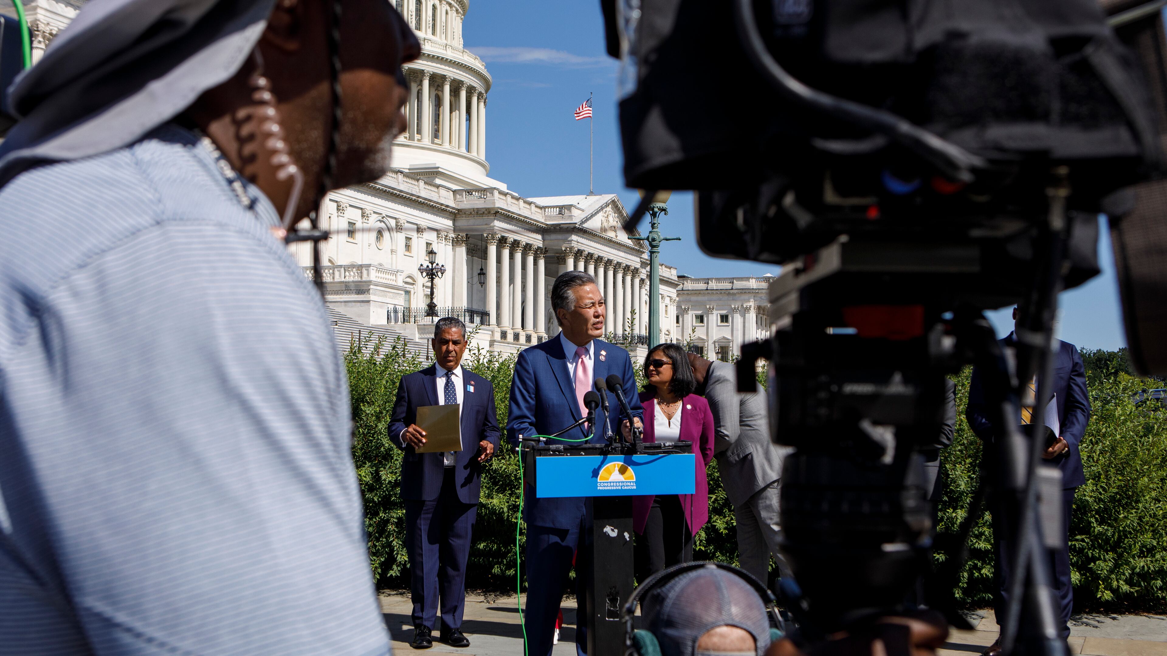 U.S. Rep. Mark Takano, D-Calif., speaks to reporters outside of the U.S. House of Representatives for a press conference with the Congressional Progressive Caucus regarding the passage of a health care, tax and climate change measure that's now headed to the desk of President Joe Biden. (Anna Rose Layden/The New York Times).