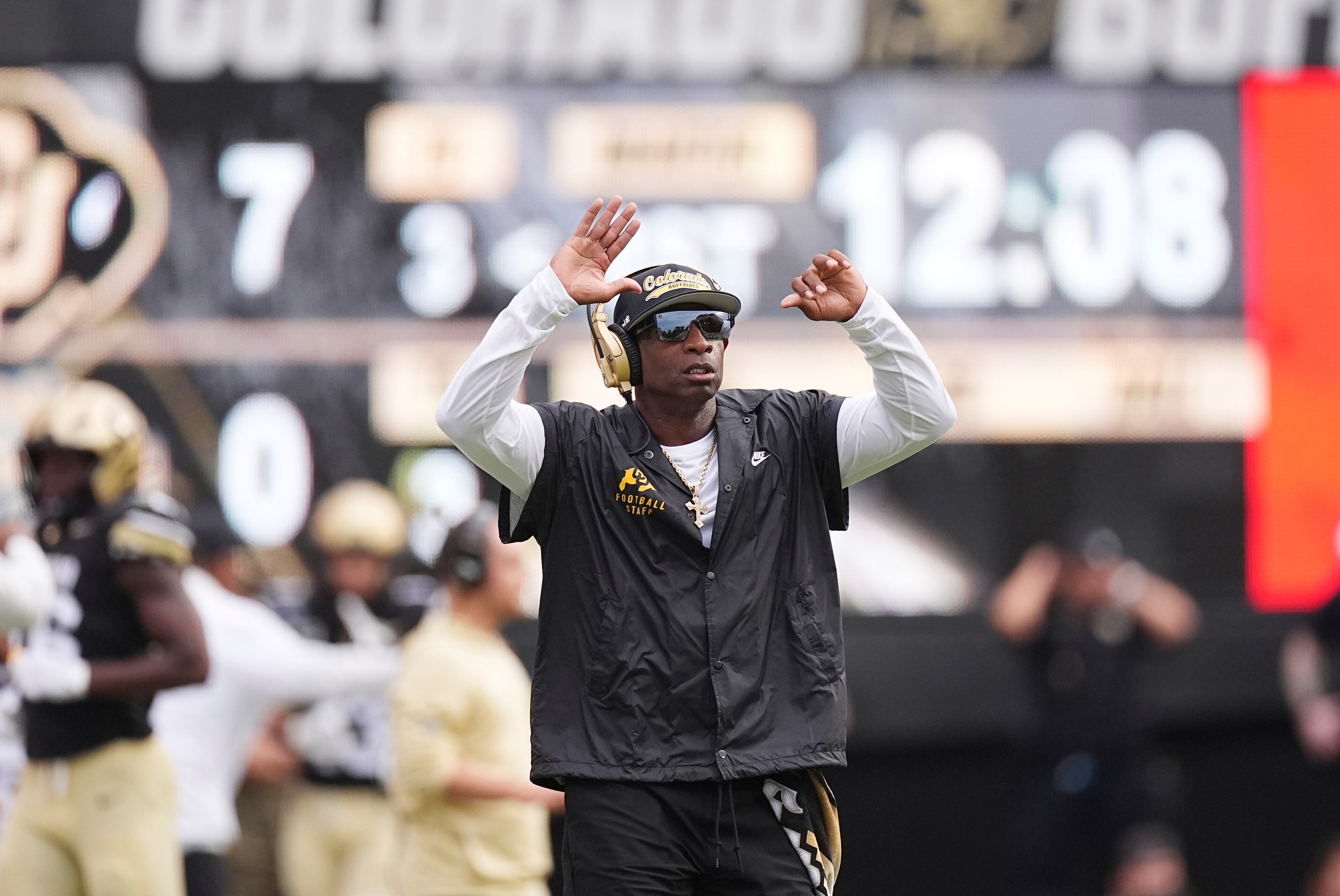 Colorado coach Deion Sanders directs his team against Georgia Tech on Friday, Aug. 29, 2025, in Boulder, Colo. (David Zalubowski/AP)