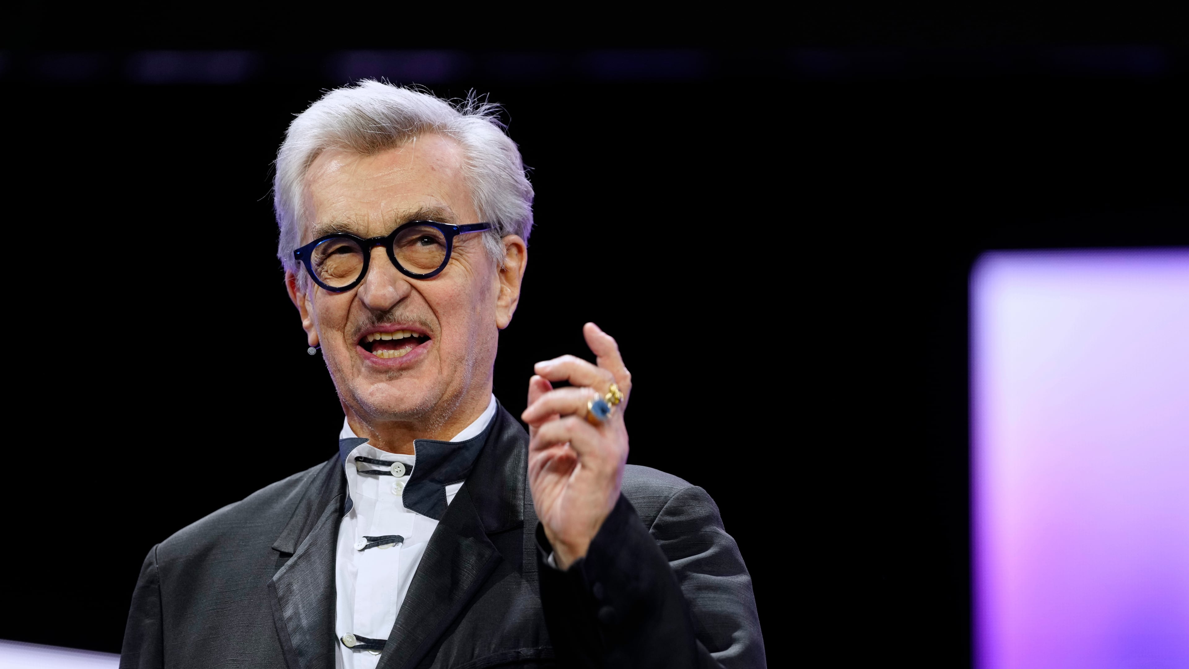 FILE - Jury president Wim Wenders speaks at the opening ceremony of the International Film Festival, Berlinale, in Berlin, on Feb. 12, 2026. (AP Photo/Markus Schreiber, File)