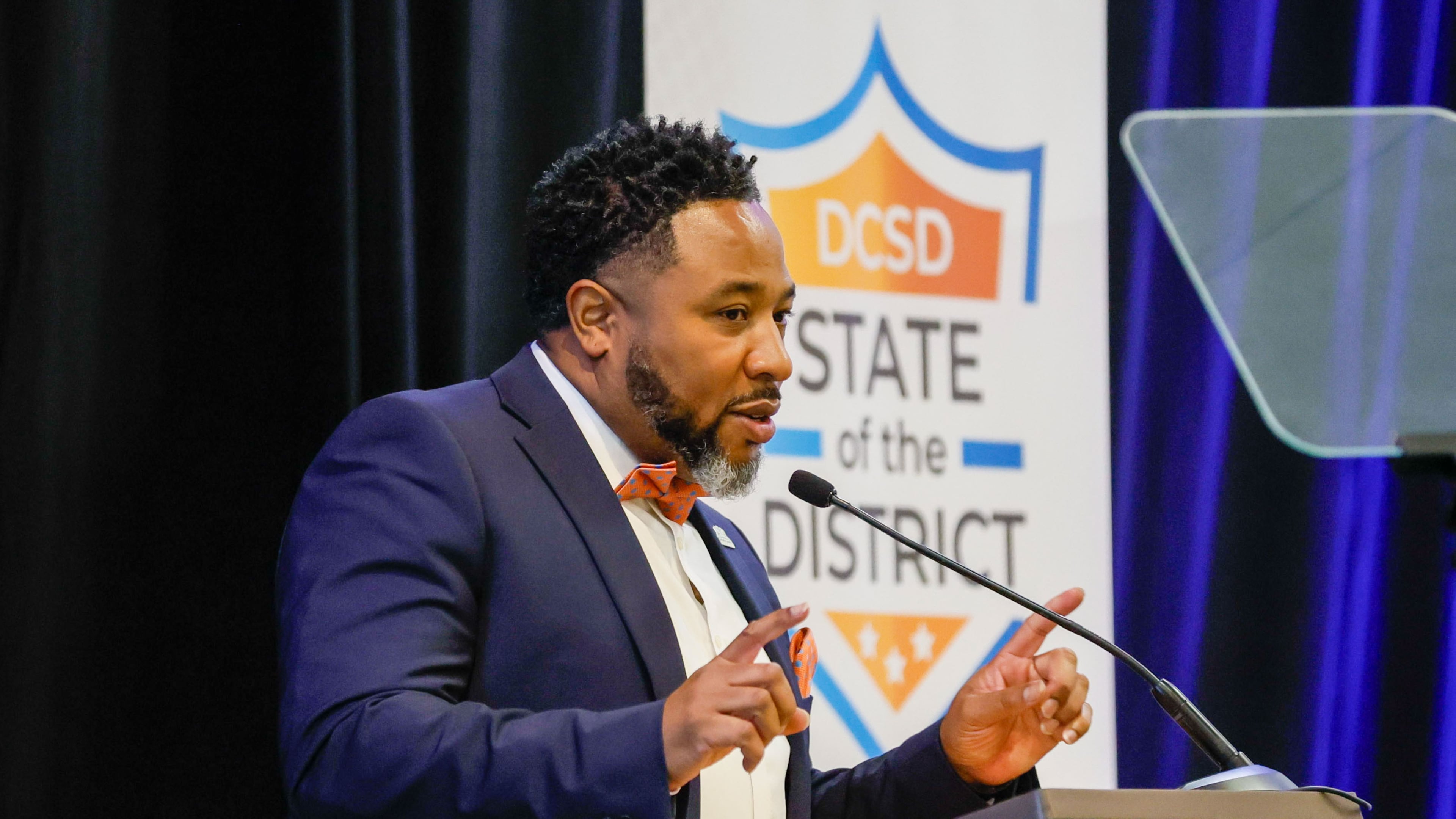 DeKalb County Superintendent Devon Horton gives his remarks during the State of the District address at Courtyard by Marriott hotel in downtown Decatur on Thursday, March 14, 2024. (Miguel Martinez /miguel.martinezjimenez@ajc.com)