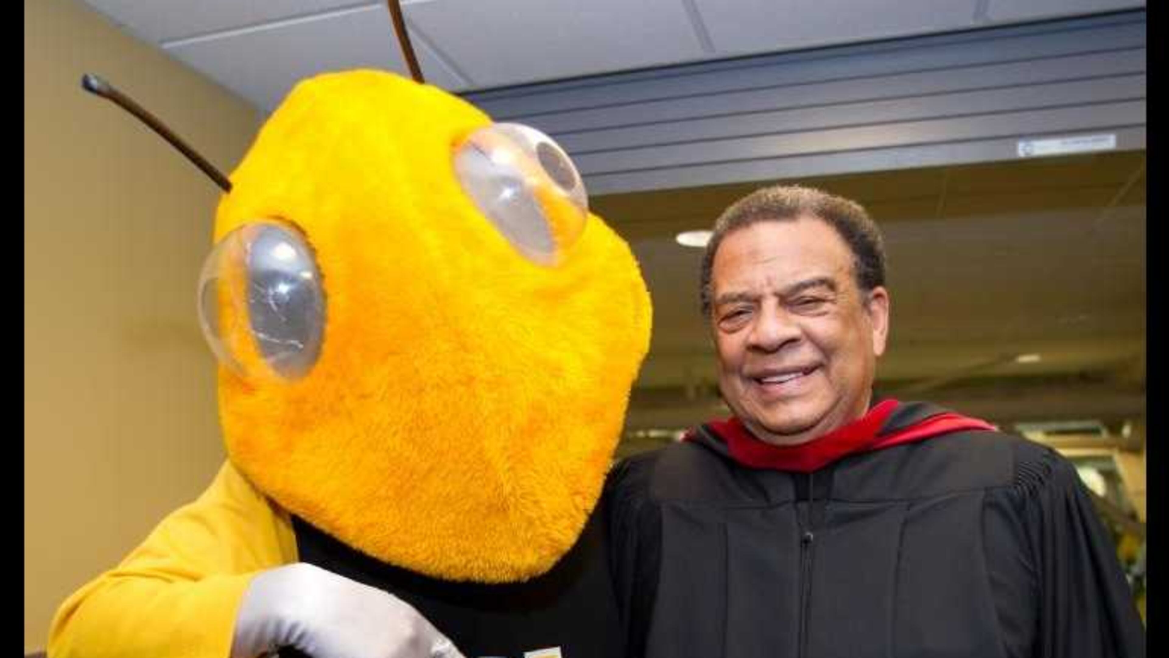 Andrew Young with the Georgia Tech mascot. Georgia Tech is awarding Young with the Ivan Allen Jr. Prize for Social Courage in recognition of his lifelong dedication to civil and human rights. PHOTO CREDIT: GEORGIA TECH