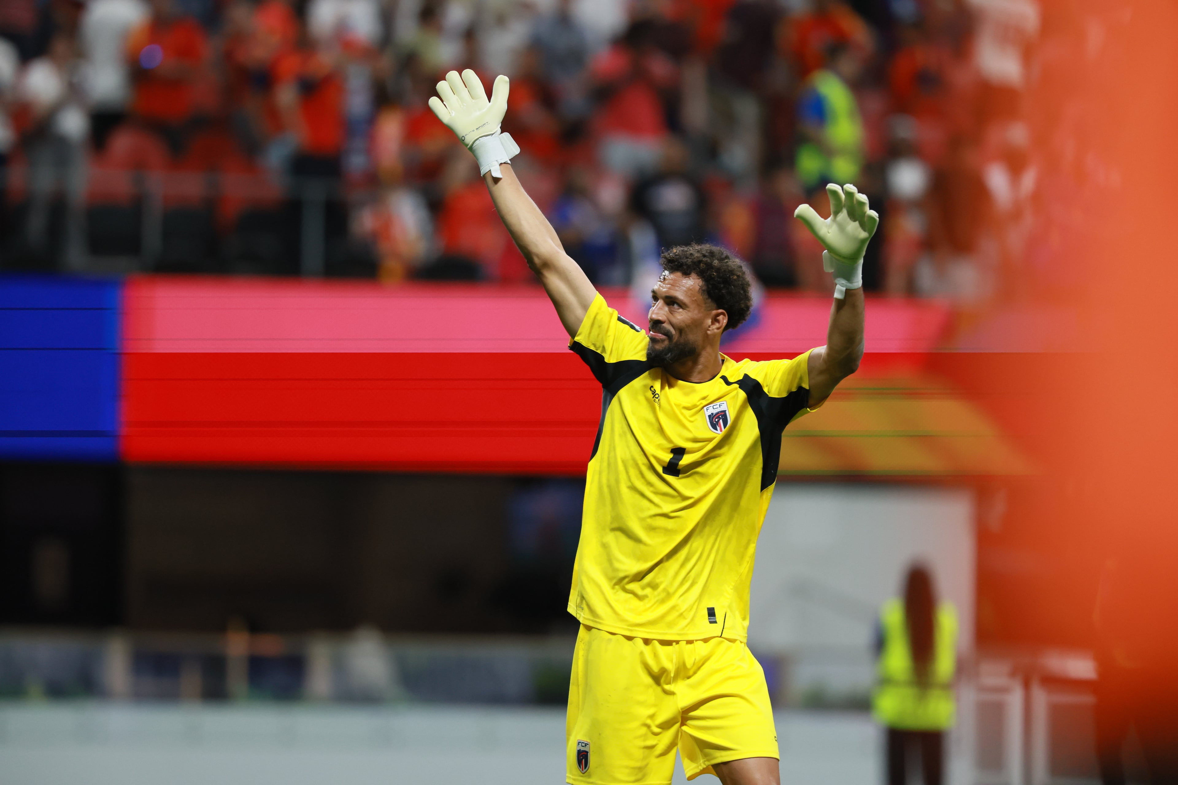 Cape Verde goalkeeper Vozinha (1) celebrates a 0-0 draw against Spain in Group H match at Atlanta Stadium (Mercedes-Benz Stadium) on Monday, June 15, 2026. (Jason Getz/AJC)