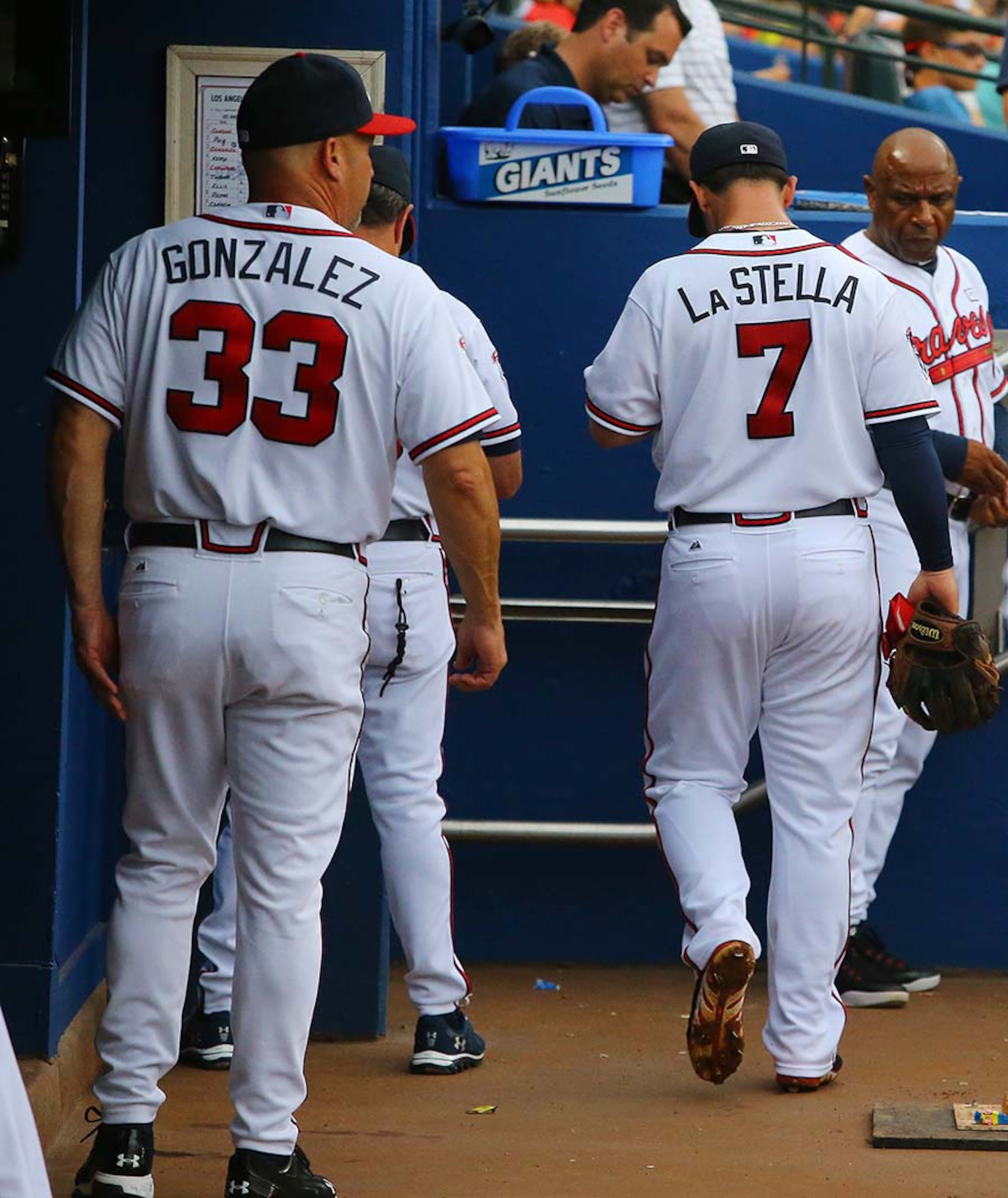 Braves second baseman Tommy La Stella leaves the game with a hamstring cramp in early inning action against the Dodgers Monday night at Turner Field in Atlanta.