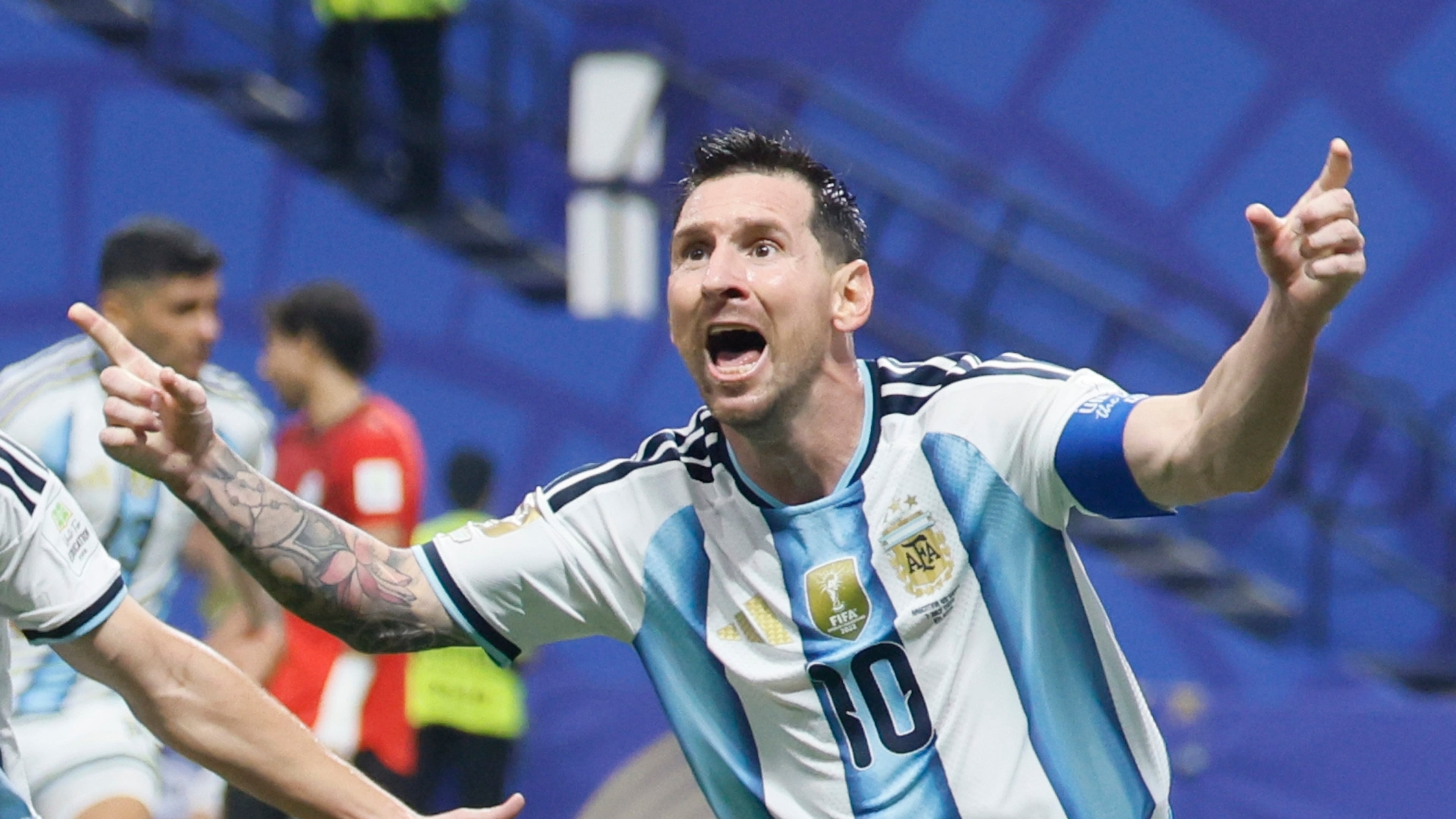 Argentina's Lionel Messi celebrates his goal during the World Cup match against Egypt at Atlanta Stadium on Tuesday, July 7, 2026. (Miguel Martinez/AJC)
