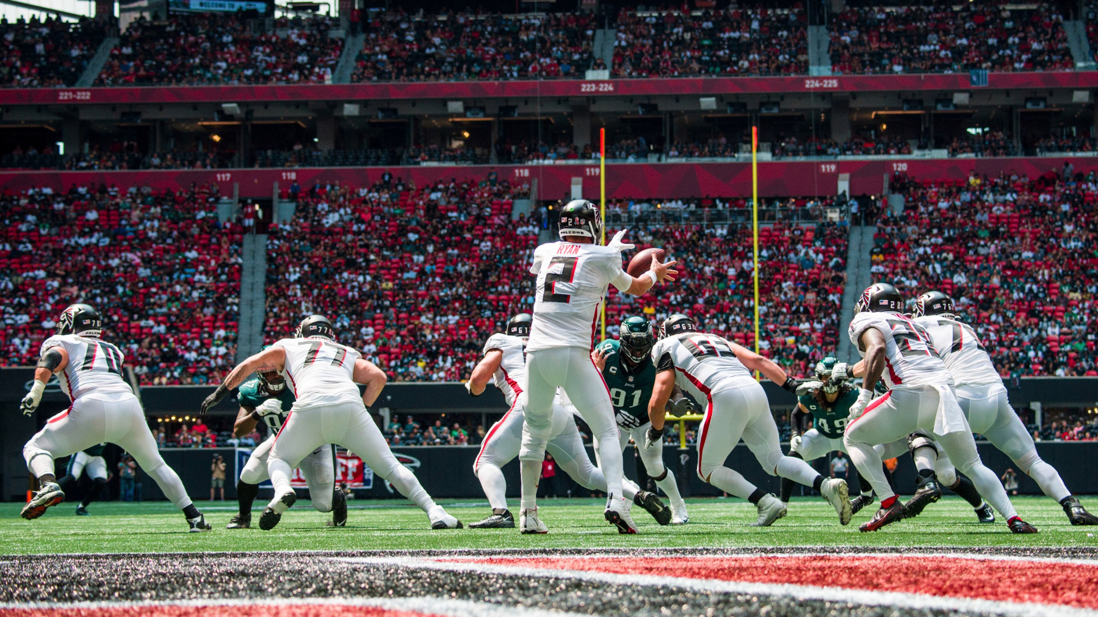 Falcons quarterback Matt Ryan (2) works during the first half against the Philadelphia Eagles, Sunday, Sep. 12, 2021, at Mercedes-Benz Stadium in Atlanta. The Eagles won 32-6. (Danny Karnik/AP)
