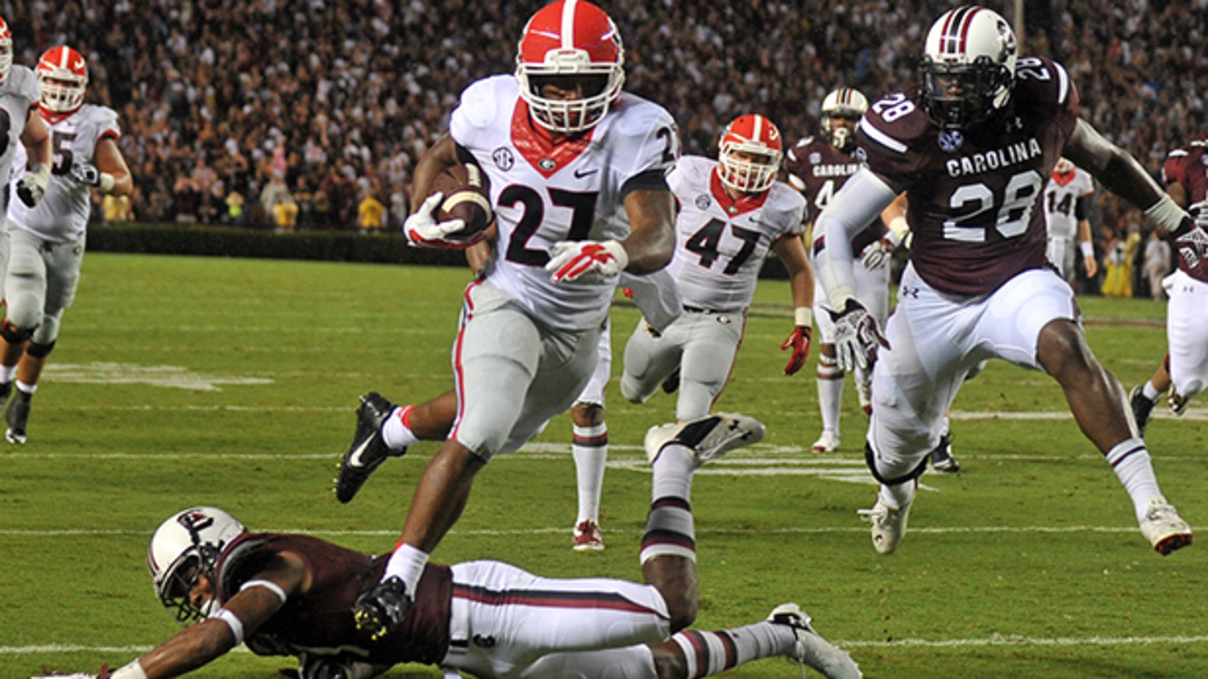 Georgia freshman running back Nick Chubb had four carries for 34 yards in the loss to South Carolina. He played the game with an injured thumb protected by a sleeve under his glove.